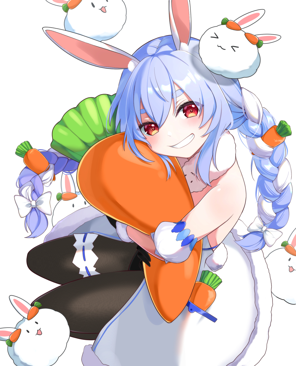 1girl animal_ear_fluff animal_ears bare_shoulders black_gloves black_legwear black_leotard blue_hair braid bunny-shaped_pupils bunny_tail carrot_hair_ornament clothing_cutout coat creature detached_sleeves food-themed_hair_ornament food-themed_pillow fur-trimmed_coat fur-trimmed_gloves fur_scarf fur_trim gloves grin hair_ornament hikimayu hololive leg_garter leotard leotard_under_clothes long_hair looking_at_viewer multicolored_hair nousagi_(usada_pekora) omu_omelette orange_eyes pantyhose pillow pillow_hug puffy_short_sleeves puffy_sleeves rabbit rabbit_ears rabbit_girl scarf short_sleeves simple_background smile solo squatting strapless_coat tail tail_cutout thick_eyebrows twin_braids twintails two-tone_hair usada_pekora virtual_youtuber white_background white_coat white_hair white_scarf white_sleeves