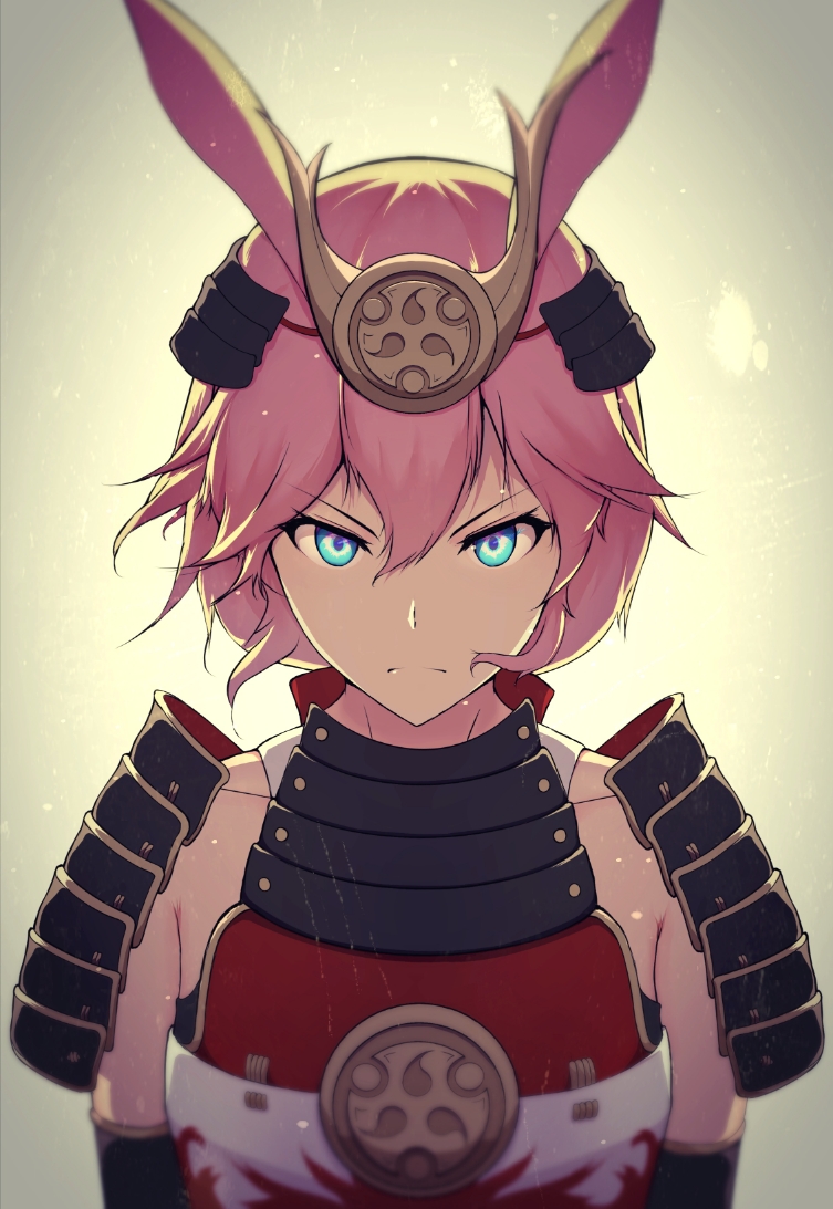 1girl angry animal_ears armor bangs blue_eyes closed_mouth fox_ears hair_between_eyes hair_ornament honkai_(series) honkai_impact_3rd japanese_armor kouase looking_at_viewer pink_hair profile samurai solo v-shaped_eyebrows yae_sakura yellow_background