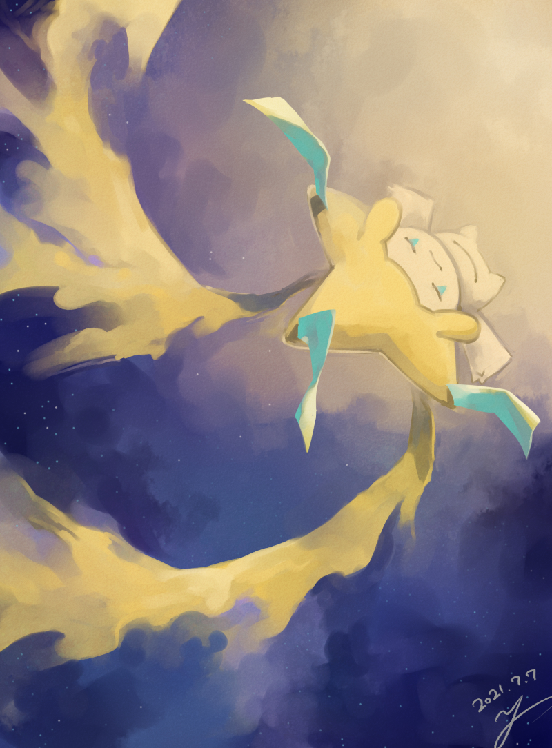 closed_eyes closed_mouth colored_skin commentary_request dated gen_3_pokemon green_ribbon jirachi mythical_pokemon no_humans outdoors outstretched_arms pokemon pokemon_(creature) ribbon signature sky solo star_(sky) white_skin yu_ikedon