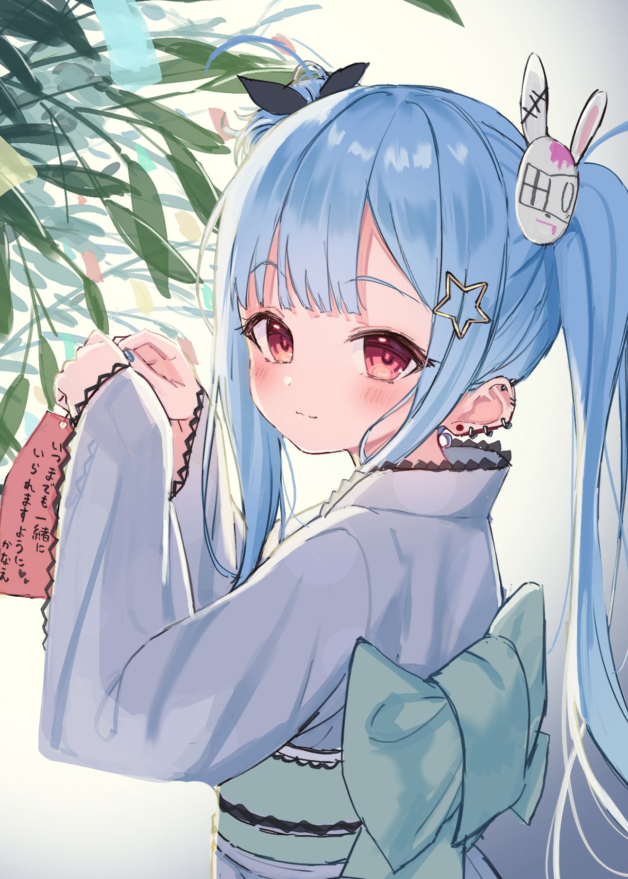 1girl bangs black_ribbon blue_hair blush bow bunny_hair_ornament closed_mouth commentary_request ear_piercing earrings eyebrows_visible_through_hair from_side green_bow hair_ornament hair_ribbon hands_up highres japanese_clothes jewelry kimono long_hair long_sleeves looking_at_viewer looking_to_the_side obi original piercing red_eyes ribbon sash see-through see-through_sleeves sleeves_past_wrists smile solo star_(symbol) star_hair_ornament stud_earrings tanabata tanzaku translation_request tsukiman twintails very_long_hair white_kimono wide_sleeves
