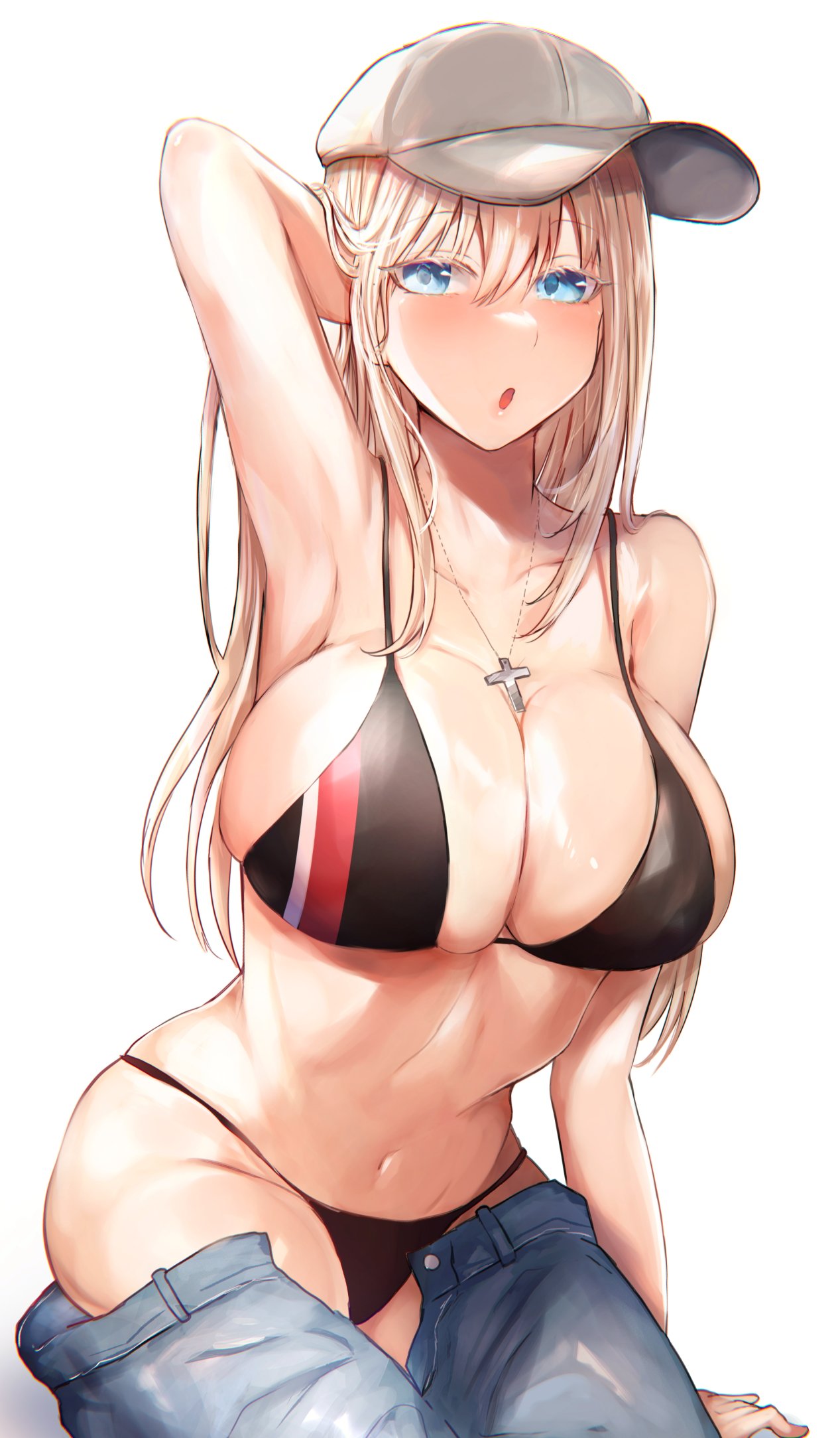 1girl :o arm_up bangs bikini bismarck_(kancolle) black_bikini blonde_hair blue_eyes blush breasts cross cross_necklace denim eyebrows_visible_through_hair grey_headwear hair_between_eyes hand_in_hair hat highres huge_breasts jeans jewelry kantai_collection long_hair miyako_(00727aomiyako) necklace open_mouth open_pants pants simple_background sitting solo swimsuit white_background