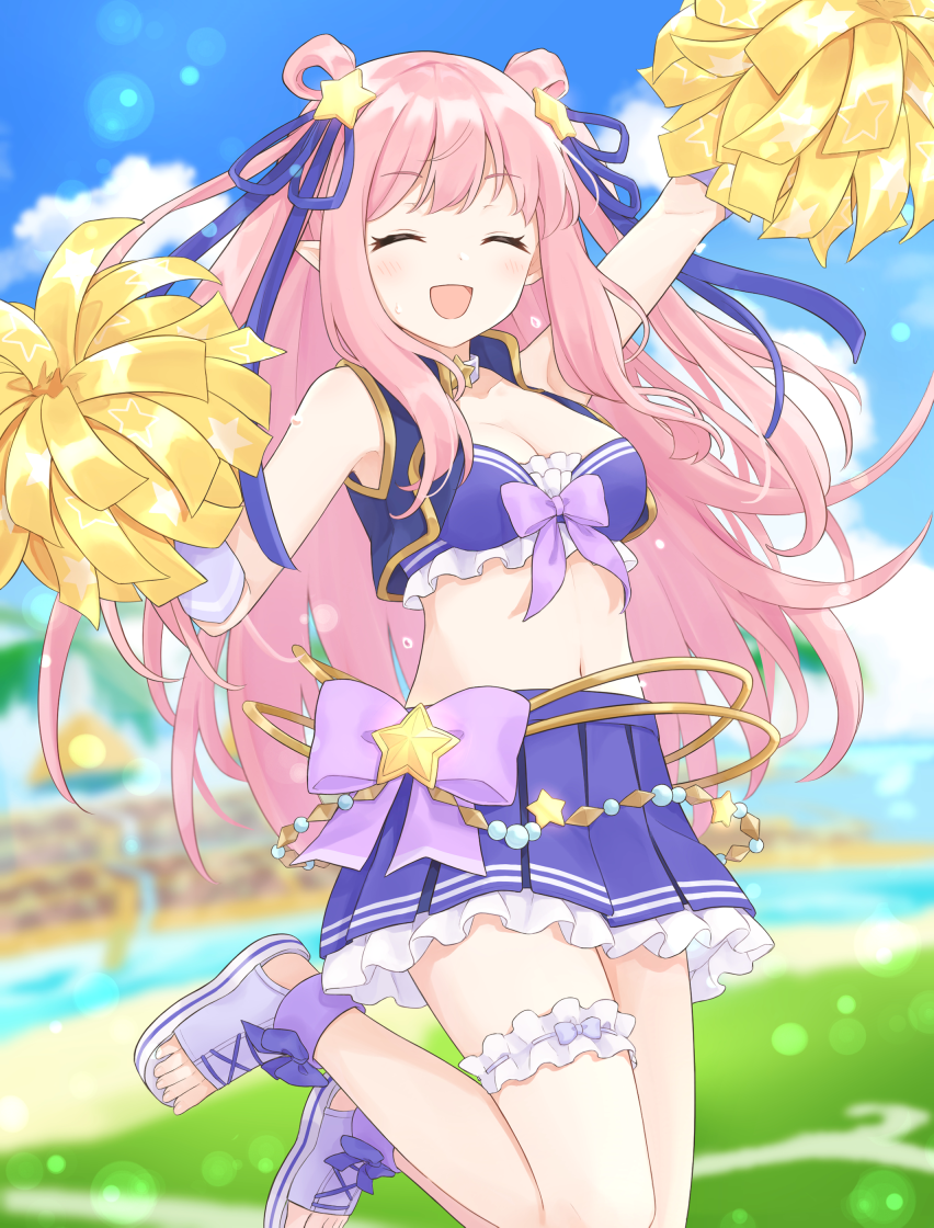 1girl :d blue_ribbon blue_skirt blue_vest blurry blurry_background blush breasts cheerleader closed_eyes clouds cloudy_sky eyebrows_visible_through_hair frilled_skirt frills hair_ornament hair_ribbon hair_rings hatsune_(princess_connect!) long_hair navel open_mouth pink_hair pom_pom_(cheerleading) princess_connect! ribbon skirt sky smile solo star_(symbol) star_hair_ornament stomach thigh_strap vest white_footwear yazi114