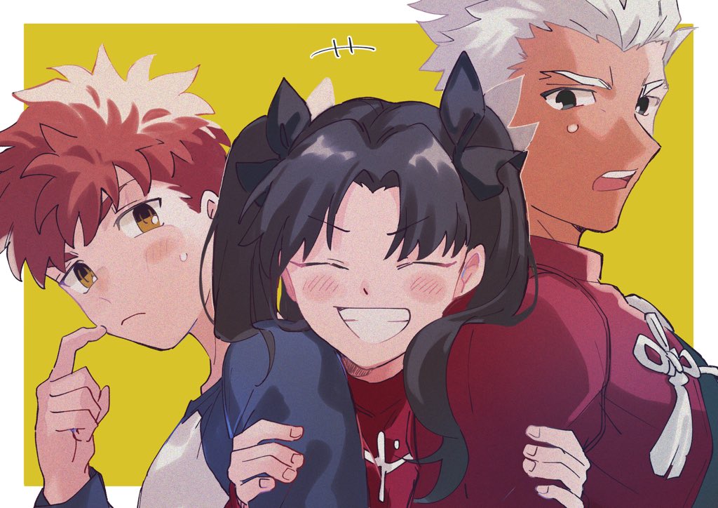 1girl 2boys archer_(fate) bangs black_hair blush brown_eyes clouds emiya_shirou fate/stay_night fate_(series) grey_eyes grin holding_another's_arm looking_at_another multiple_boys open_mouth redhead scratching_cheek simple_background smile sweatdrop tohsaka_rin twintails ueki1230 white_hair