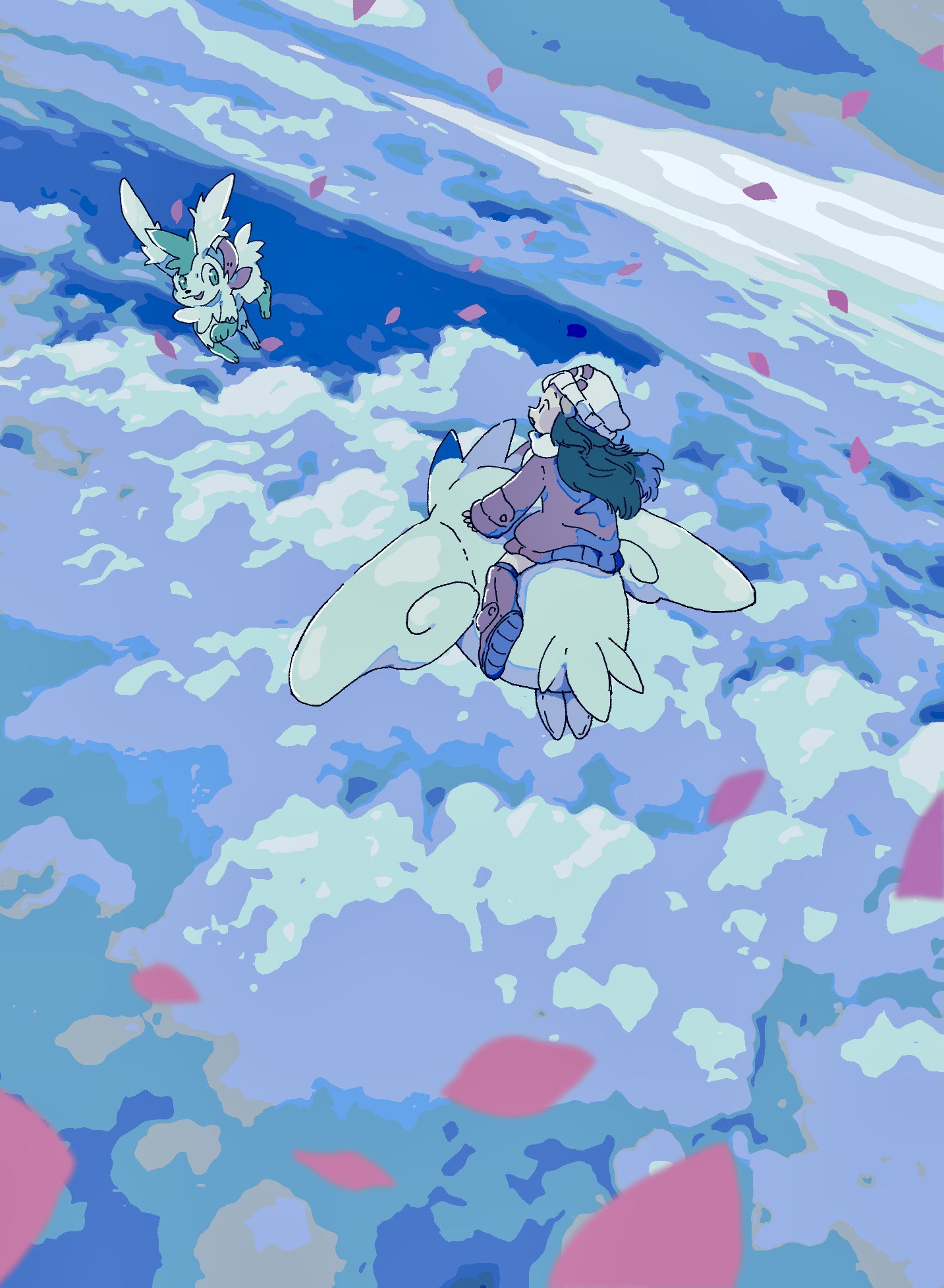 1girl above_clouds beanie boots clouds coat hikari_(pokemon) day donguri_big floating_hair gen_4_pokemon hair_ornament hairclip hat highres kneehighs long_hair long_sleeves looking_to_the_side mythical_pokemon outdoors petals pokemon pokemon_(creature) pokemon_(game) pokemon_dppt pokemon_platinum riding riding_pokemon scarf shaymin shaymin_(sky) sitting spread_legs symbol_commentary togekiss white_headwear white_scarf