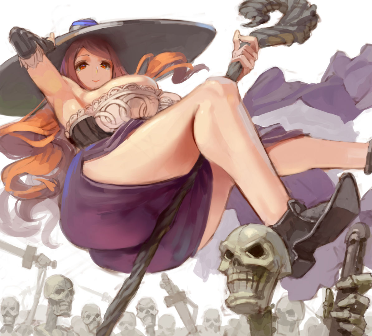 1girl black_sleeves breasts brown_eyes brown_hair detached_sleeves dragon's_crown hat huge_breasts kazo long_hair looking_at_viewer simple_background skeleton smile solo sorceress_(dragon's_crown) staff sword thick_thighs thighs weapon white_background witch_hat