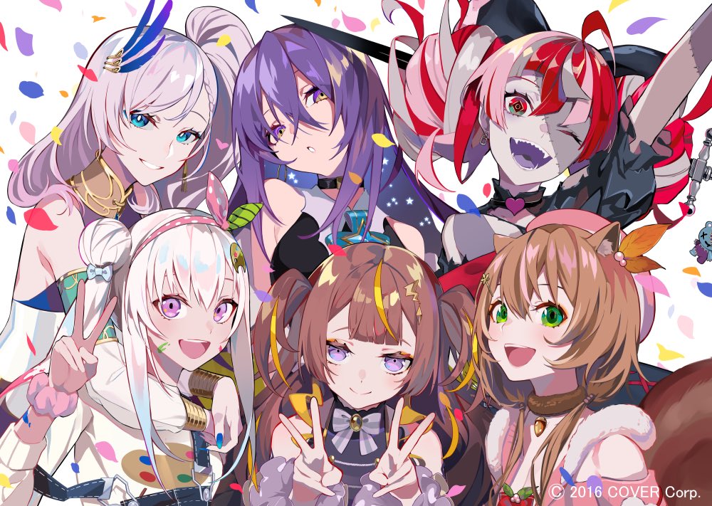 6+girls ahoge airani_iofifteen animal_ears anya_melfissa ayunda_risu bangs blonde_hair bow breasts brown_hair colored_skin double_bun dress eyebrows_visible_through_hair feather_hair_ornament feathers gradient_hair green_eyes grey_hair hair_bow hair_ornament heterochromia hololive hololive_indonesia kureiji_ollie long_hair moona_hoshinova multicolored_hair multiple_girls official_art open_mouth patchwork_skin pavolia_reine pink_hair purple_hair ram_(ramlabo) red_bow red_eyes redhead side_ponytail silver_hair smile squirrel_ears squirrel_girl stitched_face stitches two_side_up violet_eyes virtual_youtuber yellow_eyes zombie