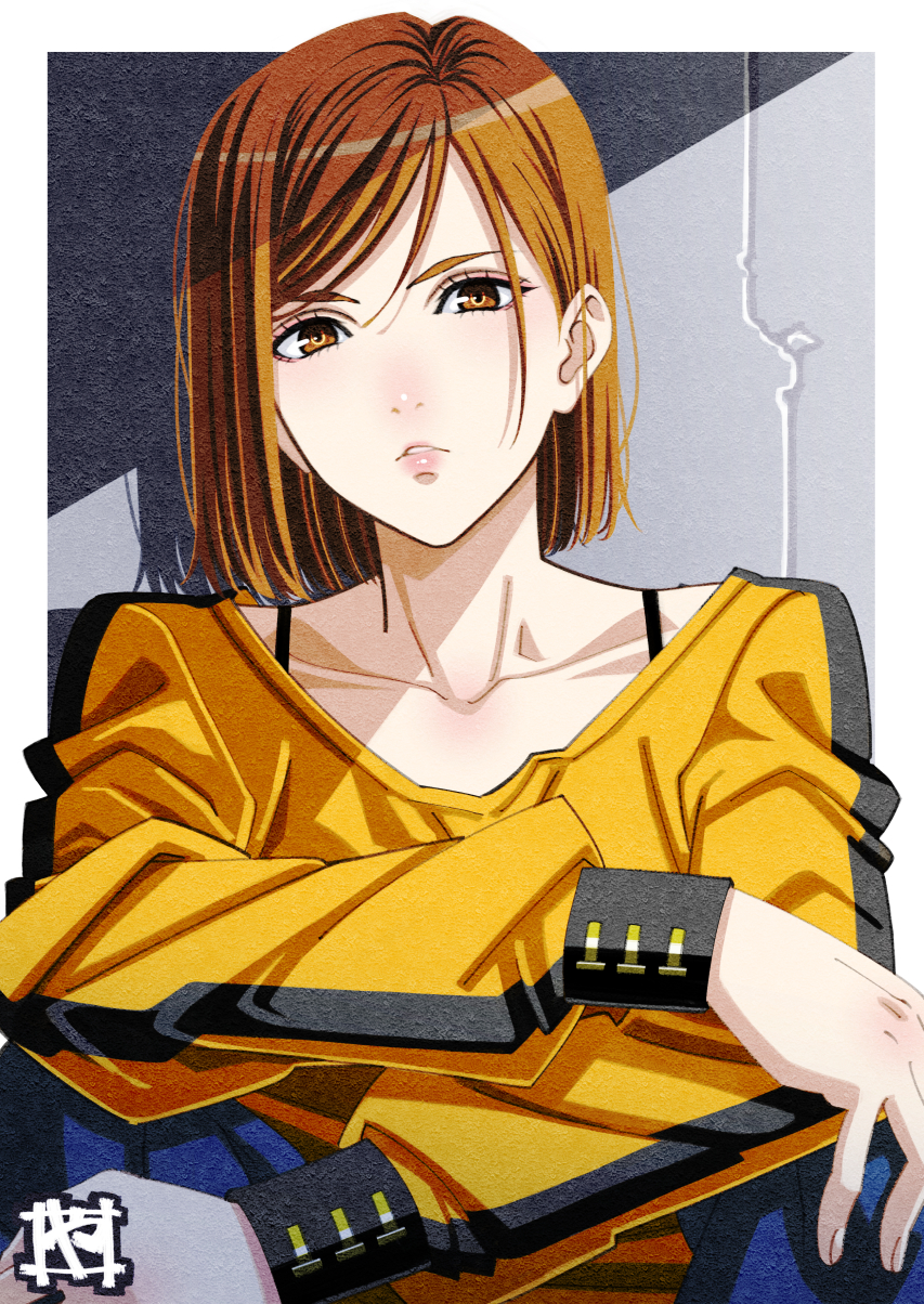 1girl against_wall bangs blue_pants brown_eyes brown_hair casual collarbone elbows_on_knees facing_viewer highres jujutsu_kaisen knees_up kugisaki_nobara lips long_sleeves looking_at_viewer pants shadow shirt short_hair sitting solo spaghetti_strap striped striped_shirt yamayoshi yellow_shirt