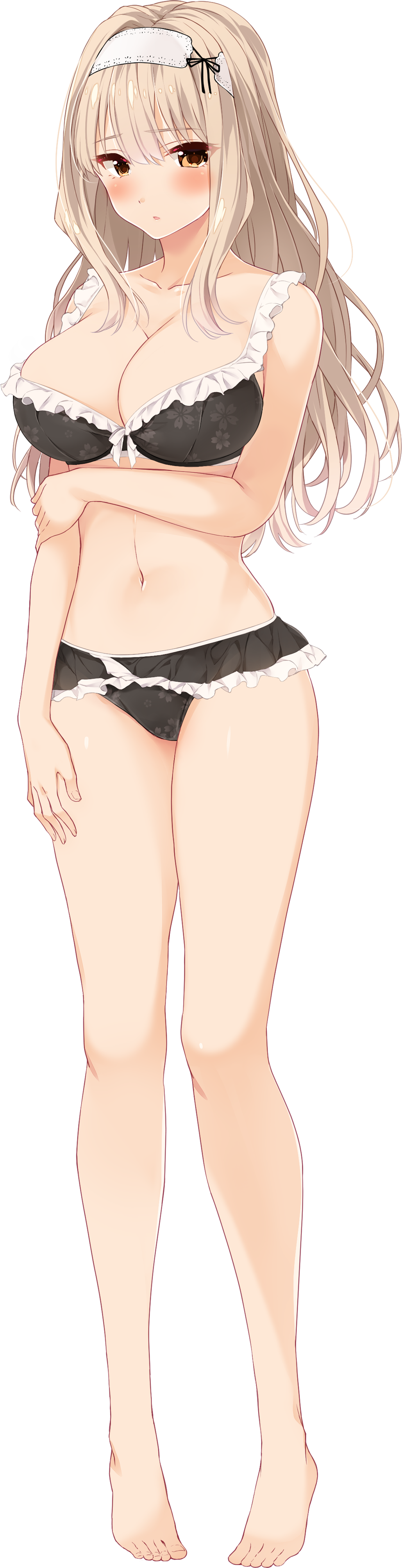 1girl absurdres akatsuki_hijiri arm_grab bangs barefoot bikini blonde_hair blush breasts collarbone eyebrows_visible_through_hair floral_print full_body hairband highres kijima_hyouka large_breasts long_hair looking_at_viewer navel official_art open_mouth orange_eyes photoshop_(medium) solo swimsuit toriko_no_shimai_~midara_ni_moteasobareru_unmei_no_mayoigo~ transparent_background