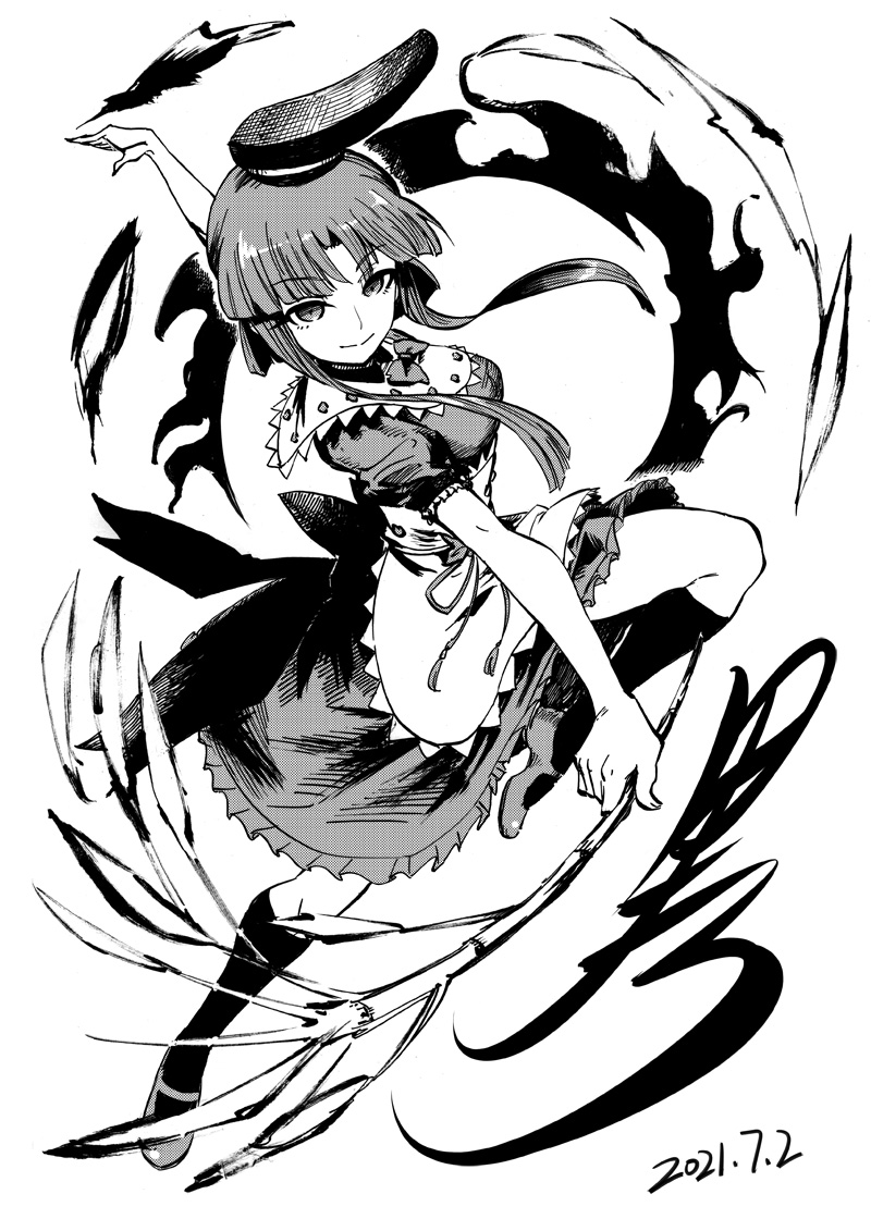 1girl bamboo bamboo_shoot black_headwear black_legwear dated dress eyebrows_visible_through_hair greyscale heran_hei_mao kneehighs looking_at_viewer mary_janes monochrome nishida_satono shoes short_hair_with_long_locks short_sleeves smile solo touhou white_background