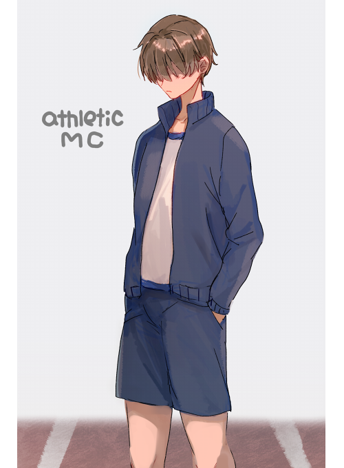 1boy bangs brown_hair commentary covered_eyes cowboy_shot doki_doki_literature_club english_text grey_background gym_uniform hair_over_eyes hand_in_pocket jacket long_sleeves male_focus open_clothes open_jacket protagonist_(doki_doki_literature_club) shorts simple_background solo sora_(efr) track_jacket