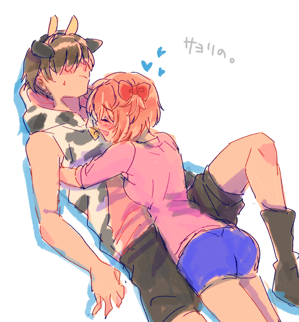 1boy 1girl :/ :d ^_^ animal_ears animal_print bangs black_footwear black_shorts blue_shorts blush boots bow brown_hair cat_ears closed_eyes commentary covered_eyes cow_horns cow_print doki_doki_literature_club fake_animal_ears fake_horns hair_bow hair_over_eyes happy heart hetero hood hoodie horns hug lying lying_on_person on_back open_mouth pink_hair pink_shirt print_hoodie protagonist_(doki_doki_literature_club) red_bow sayori_(doki_doki_literature_club) shirt short_hair short_shorts shorts simple_background sketch smile sora_(efr) translated white_background