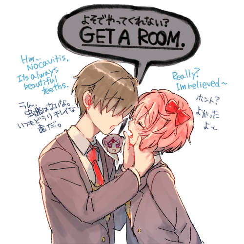 1boy 2girls bangs bilingual bow brown_hair closed_eyes commentary covered_eyes doki_doki_literature_club english_text engrish_text eyebrows_visible_through_hair grey_jacket hair_bow hair_over_eyes hand_on_another's_cheek hand_on_another's_chin hand_on_another's_face jacket long_sleeves lowres multiple_girls natsuki_(doki_doki_literature_club) necktie open_mouth pink_hair protagonist_(doki_doki_literature_club) ranguage red_bow red_neckwear sayori_(doki_doki_literature_club) school_uniform shirt short_hair simple_background sora_(efr) speech_bubble white_background white_shirt