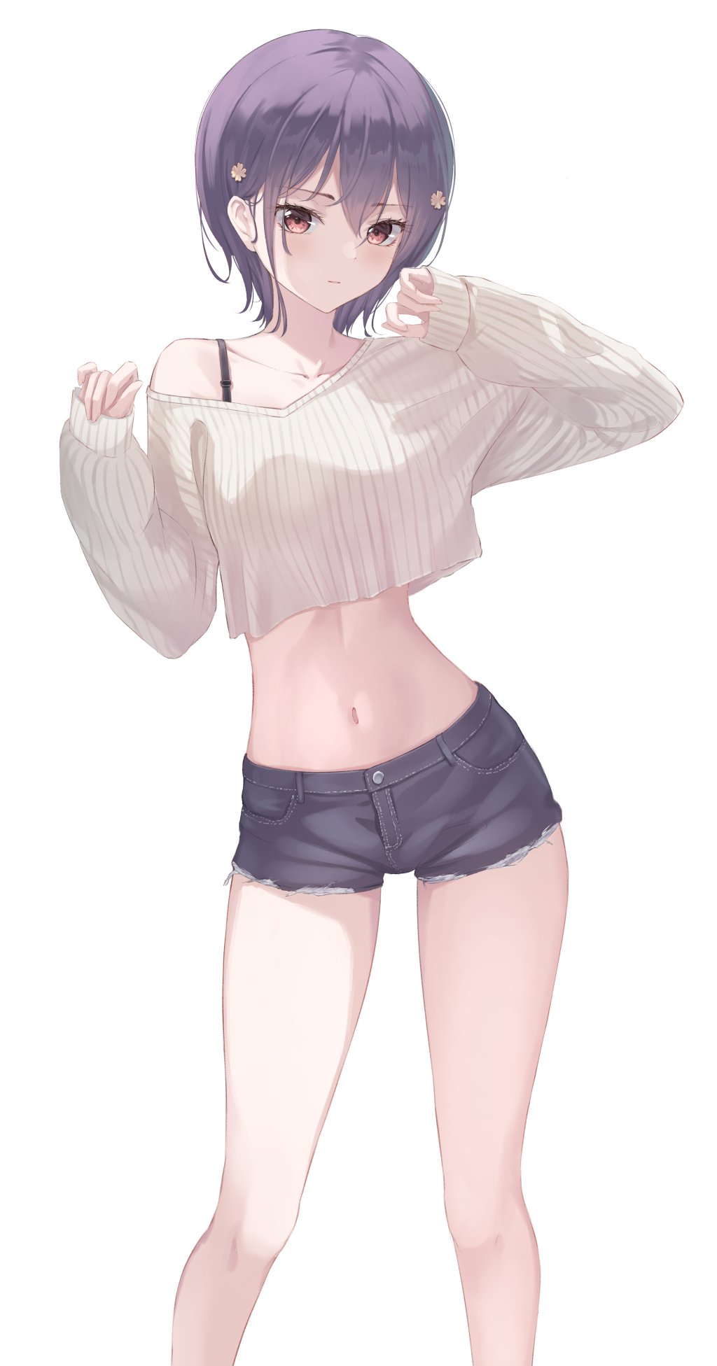 1girl bare_shoulders black_hair black_shorts bra_strap closed_mouth collarbone crop_top crop_top_overhang cutoffs denim denim_shorts expressionless grey_sweater hair_ornament hands_up highres long_sleeves looking_at_viewer marinesnow midriff mizuno_ai navel off-shoulder_sweater off_shoulder ribbed_sweater short_hair short_shorts shorts simple_background solo standing stomach sweater thighs white_background zombie_land_saga