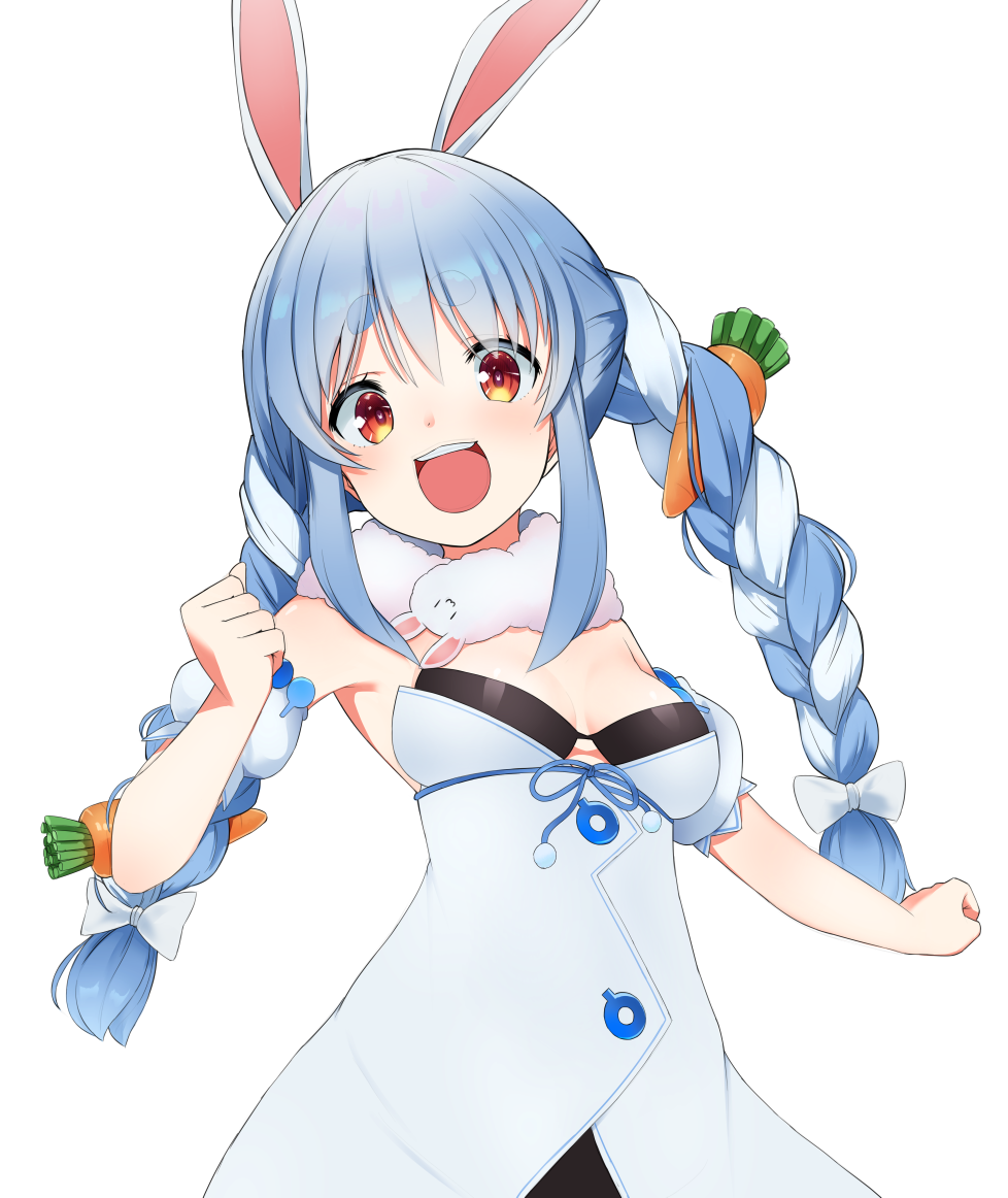 1girl :d animal_ears black_leotard blue_hair braid breasts bunny-shaped_pupils carrot_hair_ornament chiba_mochi clenched_hand clothing_cutout coat detached_sleeves food-themed_hair_ornament fur_scarf hair_ornament hikimayu hololive leotard leotard_under_clothes long_hair looking_at_viewer multicolored_hair open_mouth orange_eyes puffy_short_sleeves puffy_sleeves rabbit_ears rabbit_girl scarf short_eyebrows short_sleeves simple_background small_breasts smile solo strapless strapless_leotard thick_eyebrows twin_braids twintails two-tone_hair underboob_cutout upper_body usada_pekora white_background white_coat white_hair white_scarf white_sleeves
