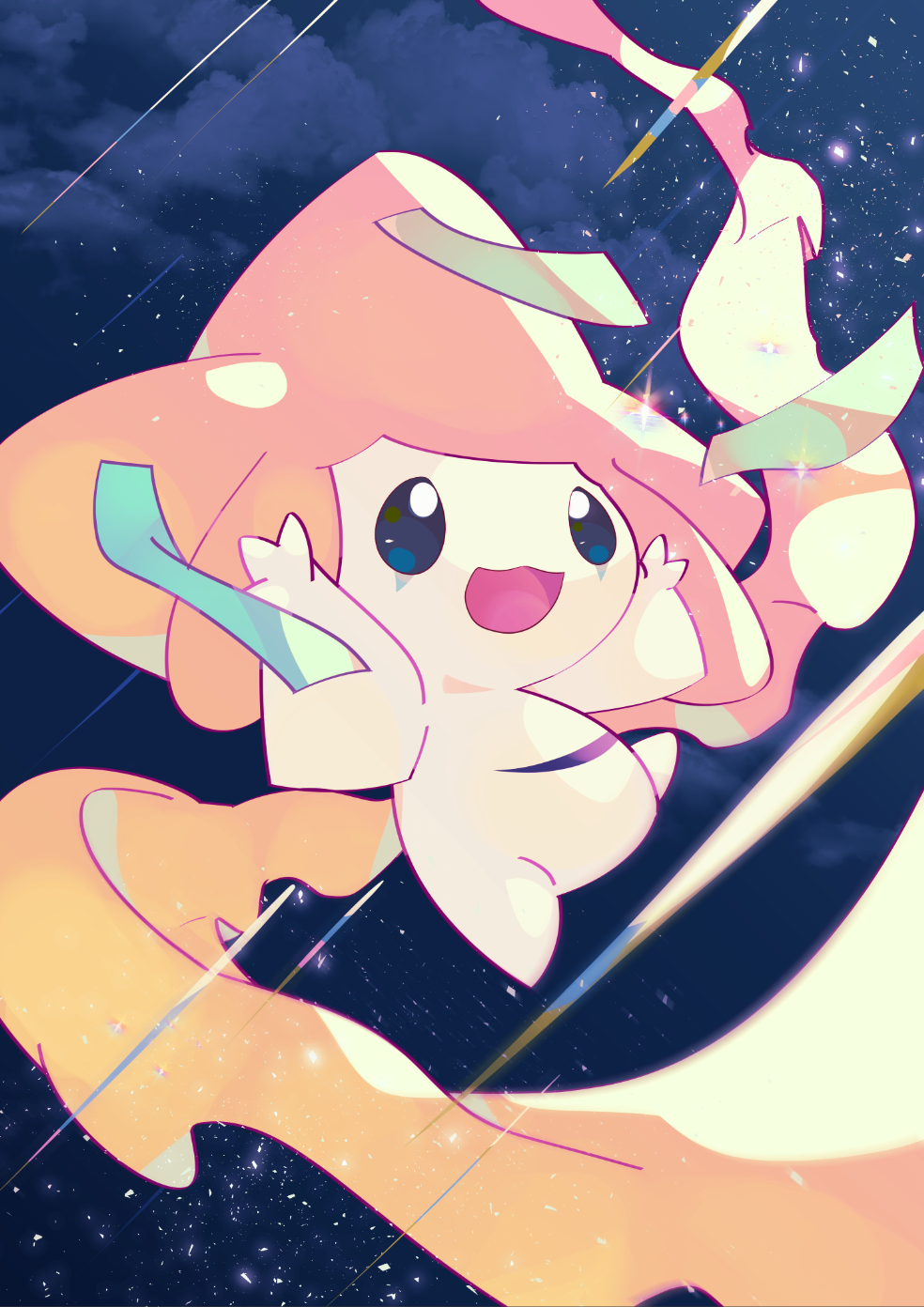 :d arms_up blue_eyes clouds commentary_request gen_3_pokemon happy highres jirachi mythical_pokemon night no_humans open_mouth outdoors pokemon pokemon_(creature) shiramizore_(rate1026) sky smile solo star_(sky) tanabata tongue