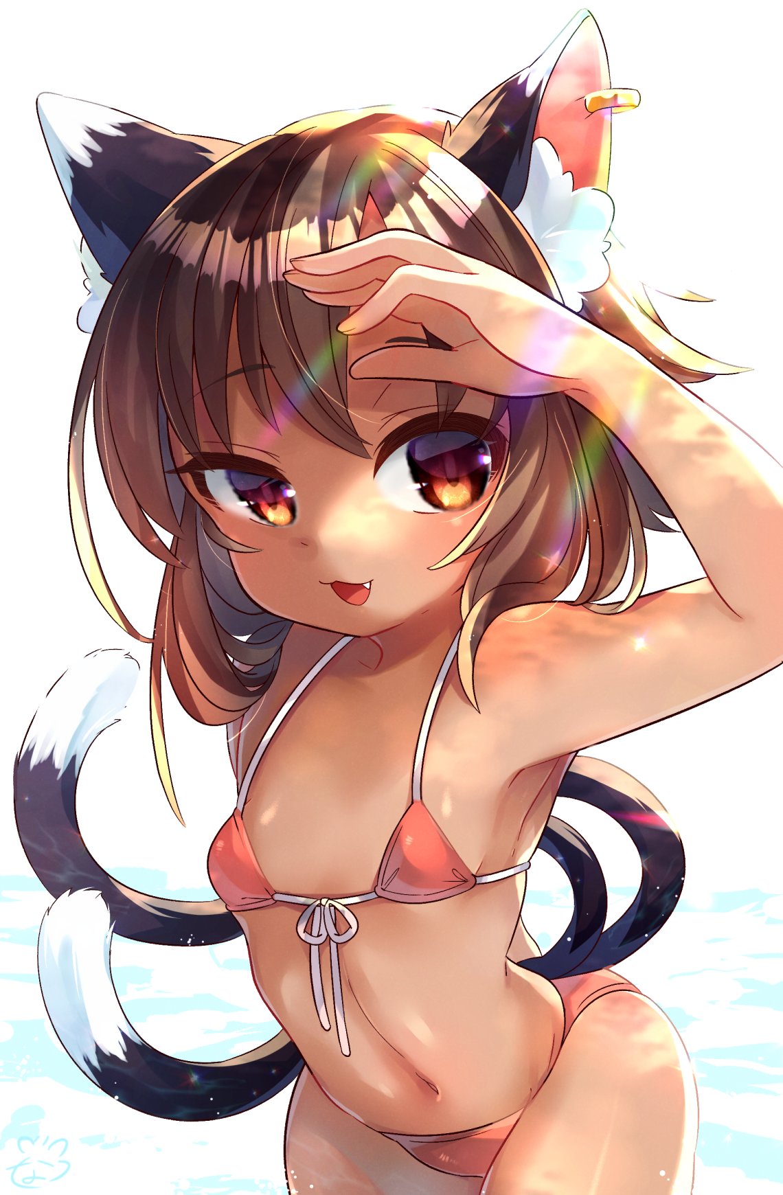 1girl :3 :d alternate_costume animal_ear_fluff animal_ears bangs bikini breasts brown_eyes brown_hair cat_ears cat_tail chen covering_eyes cowboy_shot earrings fangs highres ibaraki_natou jewelry light_rays multiple_tails navel nekomata no_hat no_headwear open_mouth red_bikini short_hair single_earring small_breasts smile solo standing swimsuit tail touhou two_tails white_background