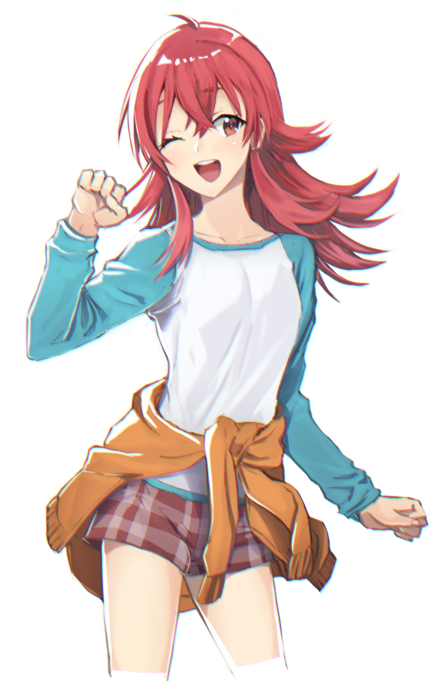 1girl breasts brown_eyes clenched_hand clothes_around_waist curly_hair highres idolmaster idolmaster_shiny_colors komiya_kaho long_hair looking_at_viewer murata_tefu one_eye_closed open_mouth redhead shorts simple_background smile solo white_background