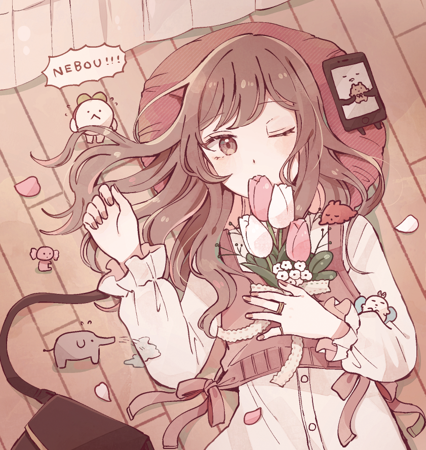 1girl bag bangs brown_eyes brown_hair cellphone commentary_request dress elephant flower flying_sweatdrops hand_up holding holding_flower jewelry long_sleeves looking_at_viewer lying mozukuzu_(manukedori) on_back on_floor one_eye_closed original petals phone ring smartphone solo tulip upper_body white_dress