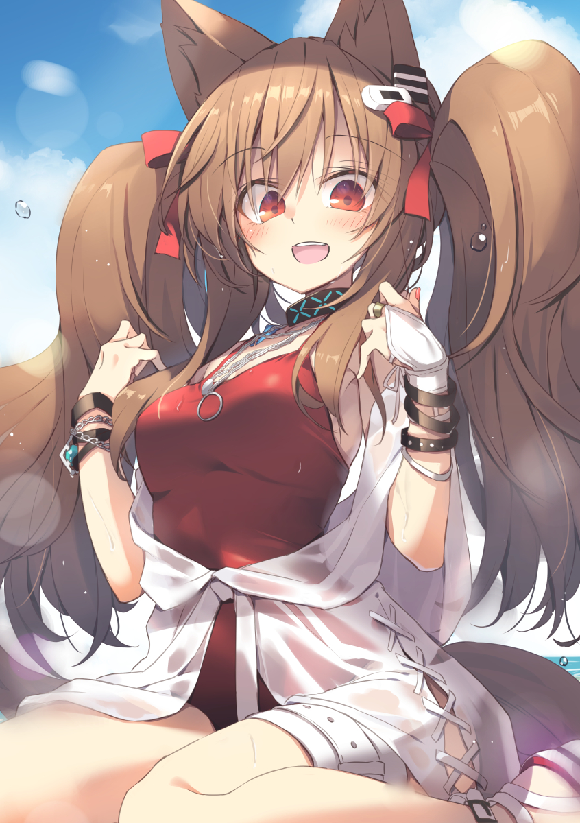 1girl angelina_(arknights) angelina_(summer_flowers)_(arknights) animal_ears arknights bangs blush bracelet brown_hair eyebrows_visible_through_hair fox_ears fox_girl highres infection_monitor_(arknights) jewelry long_hair open_mouth red_eyes satou_kibi solo swimsuit twintails