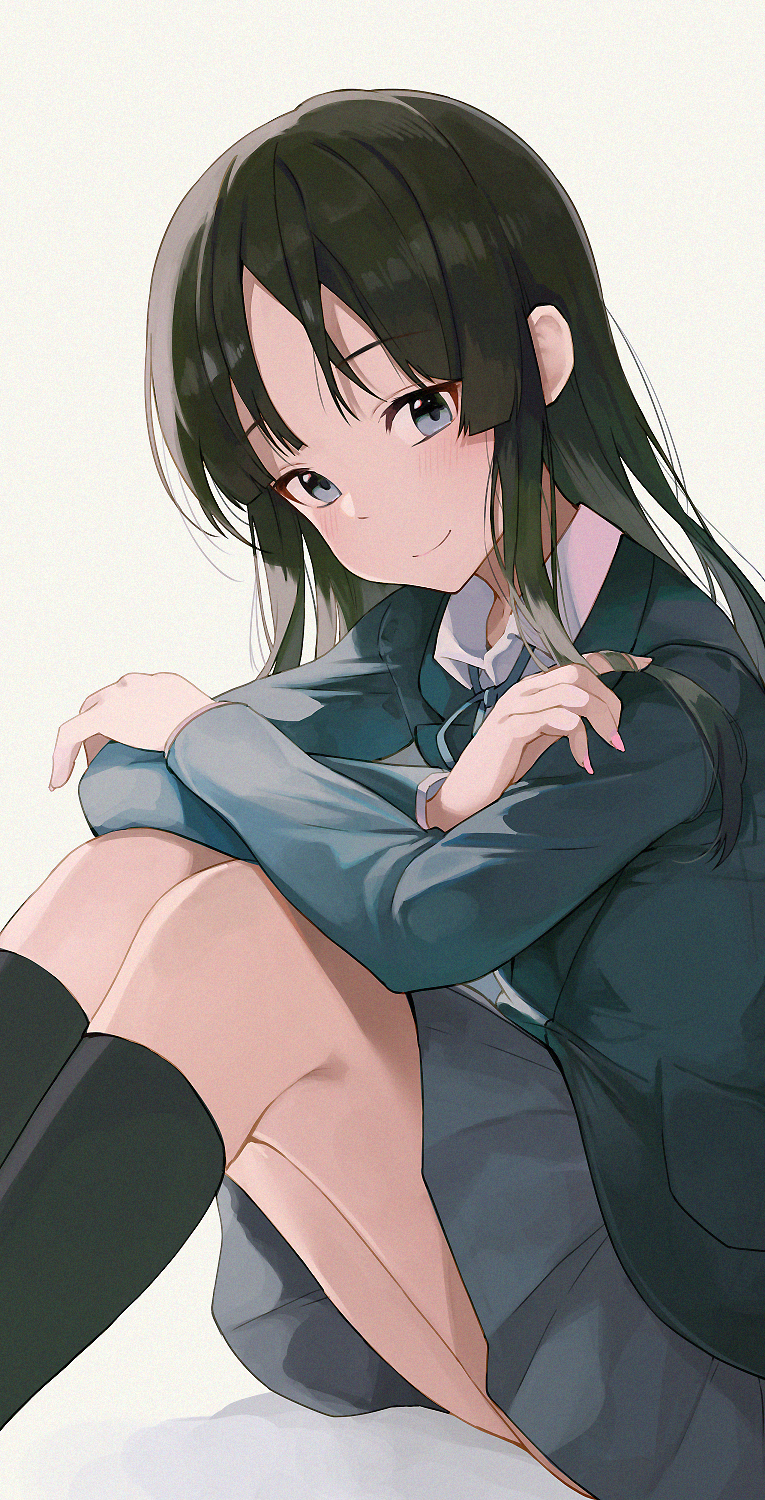 1girl akiyama_mio bangs black_eyes black_hair black_legwear blazer blue_neckwear blunt_bangs buttons closed_mouth collared_shirt crossed_arms eyebrows_visible_through_hair from_side highres hime_cut hiroki_(yyqw7151) jacket k-on! kneehighs legs_together light_blush long_hair long_sleeves looking_at_viewer neck_ribbon pink_nails pleated_skirt pocket ribbon sakuragaoka_high_school_uniform school_uniform shiny shiny_hair shirt sidelocks simple_background sitting skirt smile solo white_shirt