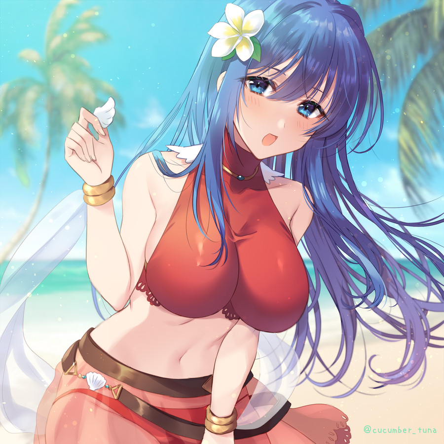 1girl awayuki_ramika bare_shoulders beach blue_eyes blue_hair blush bracelet breasts caeda_(fire_emblem) commentary commentary_request day fire_emblem fire_emblem:_shadow_dragon_and_the_blade_of_light fire_emblem_heroes flower hair_flower hair_ornament jewelry large_breasts looking_at_viewer midriff navel open_mouth palm_tree tree