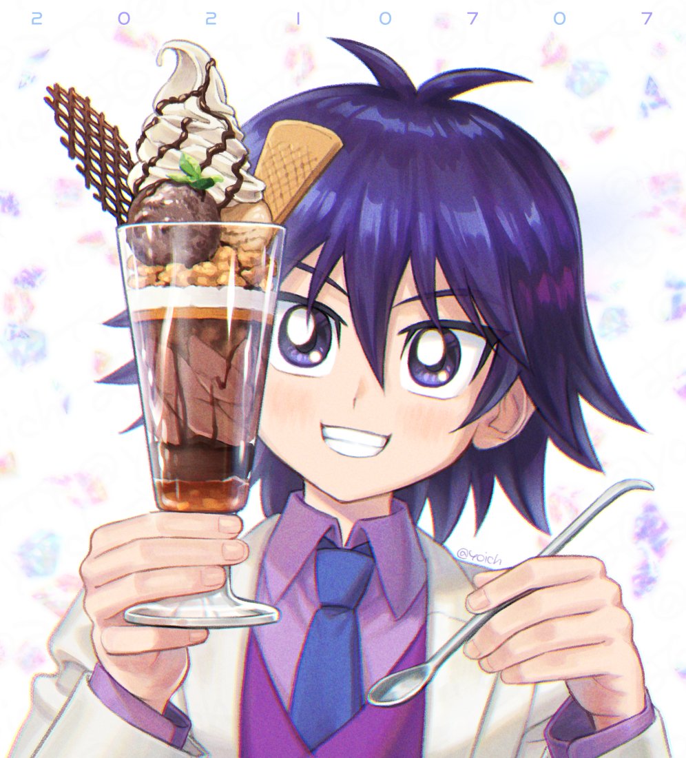 1boy antenna_hair bangs blue_neckwear blush clenched_teeth collared_shirt commentary_request cup dessert food grin hair_between_eyes hands_up holding holding_cup holding_spoon jacket kaiba_mokuba koma_yoichi long_sleeves male_focus medium_hair necktie number purple_hair purple_shirt purple_vest shirt smile solo spoon teeth vest violet_eyes white_jacket yu-gi-oh!