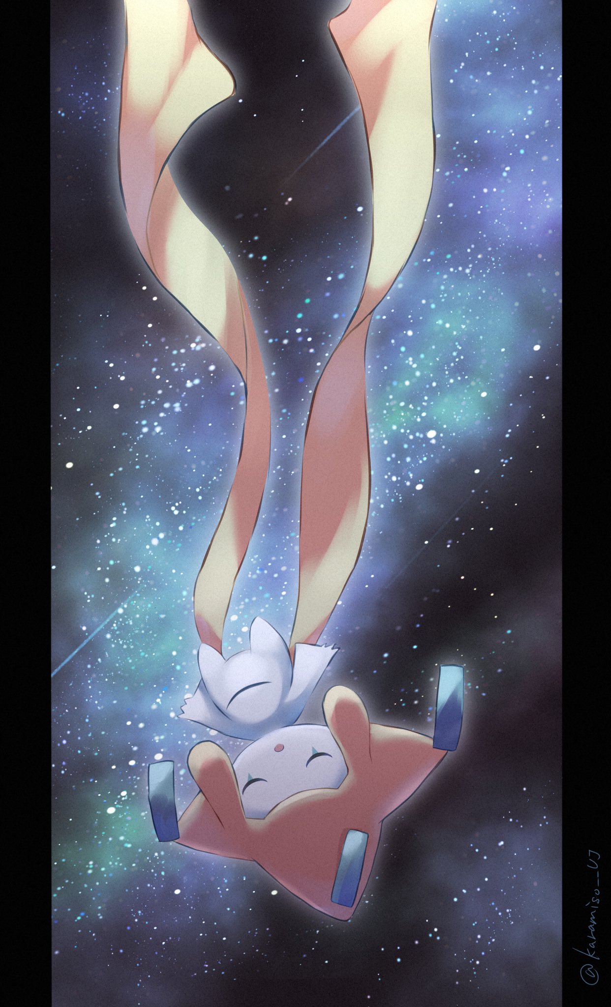 blue_ribbon closed_eyes colored_skin commentary_request gen_3_pokemon highres jirachi mythical_pokemon no_humans open_mouth outdoors pillarboxed pokemon pokemon_(creature) ribbon solo space star_(sky) uji_(966qrr) upside-down white_skin