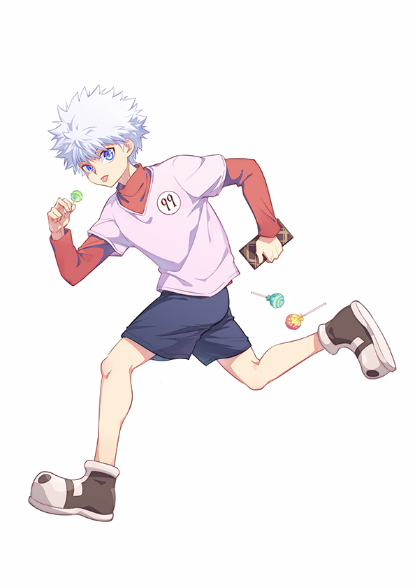 1boy bangs blue_eyes blue_shorts brown_footwear candy chocolate chocolate_bar commentary_request dated_commentary food from_side full_body hair_between_eyes hand_up holding holding_candy holding_food holding_lollipop hunter_x_hunter kariki_hajime killua_zoldyck layered_sleeves leg_up lollipop long_sleeves looking_at_viewer looking_to_the_side male_focus messy_hair number purple_shirt red_shirt running shirt shoes short_over_long_sleeves short_sleeves shorts simple_background sneakers solo spiky_hair tongue tongue_out white_background white_hair