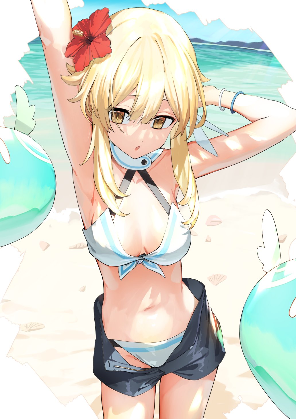 1girl adapted_costume armpits arms_up bare_arms bare_shoulders beach bikini black_shorts blonde_hair breasts cowboy_shot flower front-tie_bikini front-tie_top genshin_impact hair_flower hair_ornament halter_top halterneck hibiscus highres lumine_(genshin_impact) navel open_fly outdoors parted_lips short_hair_with_long_locks short_shorts shorts slime_(genshin_impact) small_breasts solo standing stomach stretch swimsuit white_bikini xkirara39x yellow_eyes