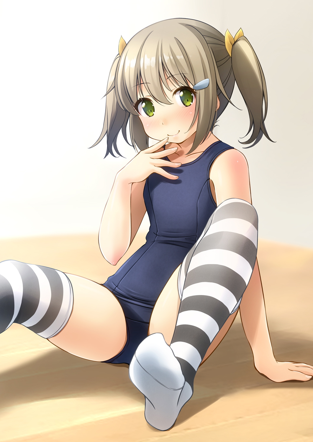 1girl bangs bare_arms bare_shoulders blue_swimsuit blush brown_hair closed_mouth commentary_request eyebrows_visible_through_hair green_eyes hair_between_eyes hair_ornament hair_ribbon hairclip highres no_shoes old_school_swimsuit one-piece_swimsuit original ribbon school_swimsuit shibacha smile soles solo striped striped_legwear swimsuit thigh-highs twintails yellow_ribbon