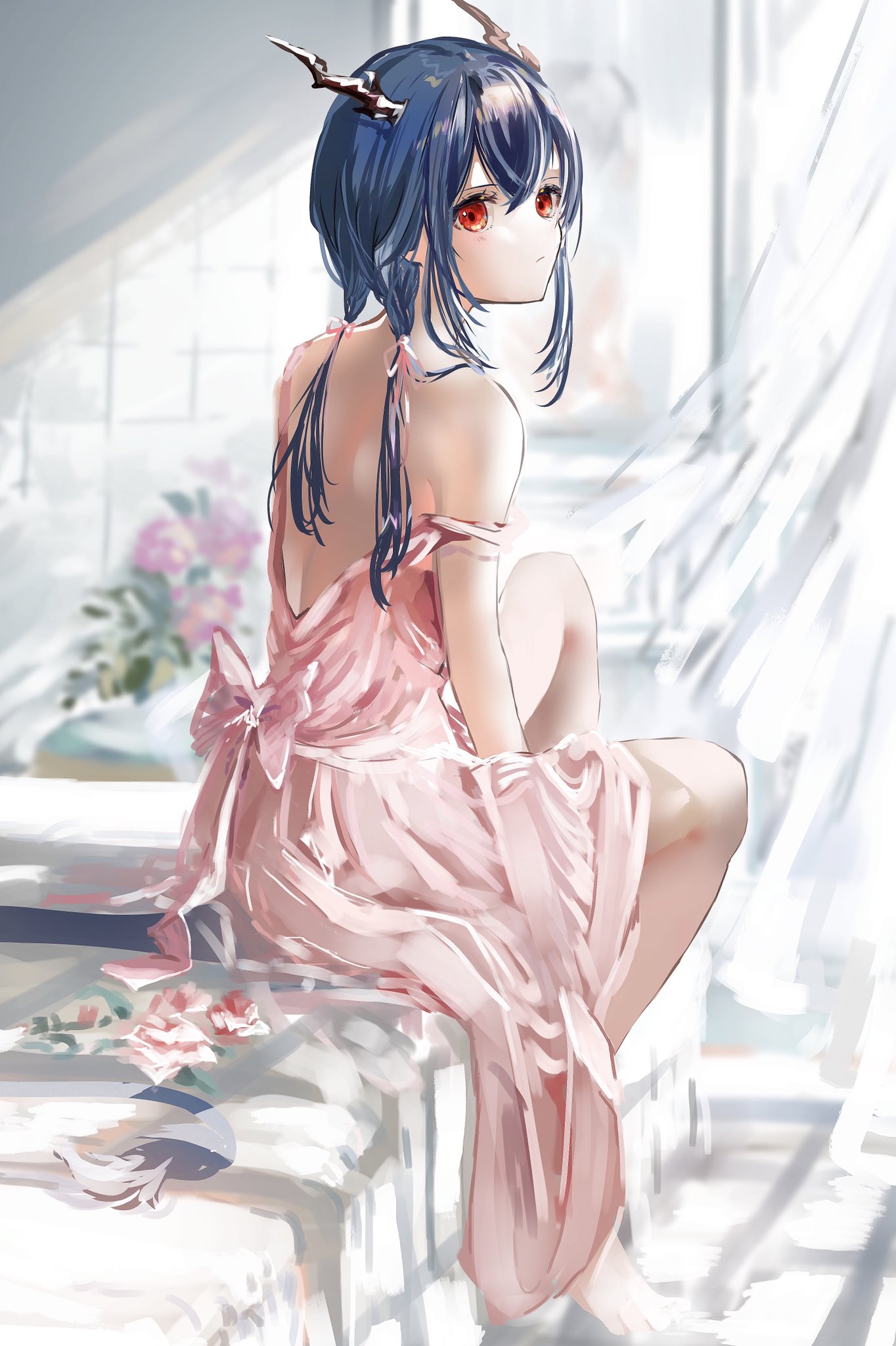 1girl arknights blue_hair ch'en_(arknights) curtains dragon_horns dress flower from_behind highres horns indoors knee_up long_hair looking_at_viewer looking_back nanaponi no_tail off_shoulder pink_dress red_eyes sitting solo strap_slip twintails