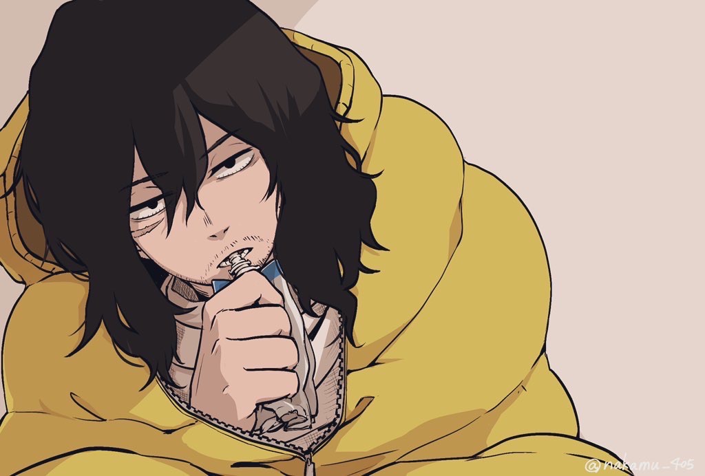 1boy aizawa_shouta black_eyes black_hair boku_no_hero_academia brown_background drinking facial_hair grey_scarf hair_between_eyes holding long_hair lower_teeth male_focus nakamu_405 open_mouth scar scar_on_face scarf simple_background sleeping_bag solo stubble teeth twitter_username upper_body