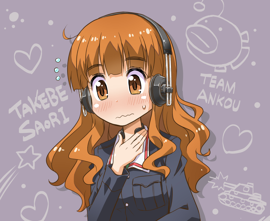 1girl anglerfish bangs blue_jacket blunt_bangs blush character_name closed_mouth commentary english_text eyebrows_visible_through_hair flying_sweatdrops frown girls_und_panzer green_shirt grey_background headphones heart jacket long_hair long_sleeves looking_at_viewer military military_uniform ooarai_military_uniform orange_eyes orange_hair shirt solo star_(symbol) sweatdrop takebe_saori takeuchi_motoki throat_microphone uniform wavy_mouth