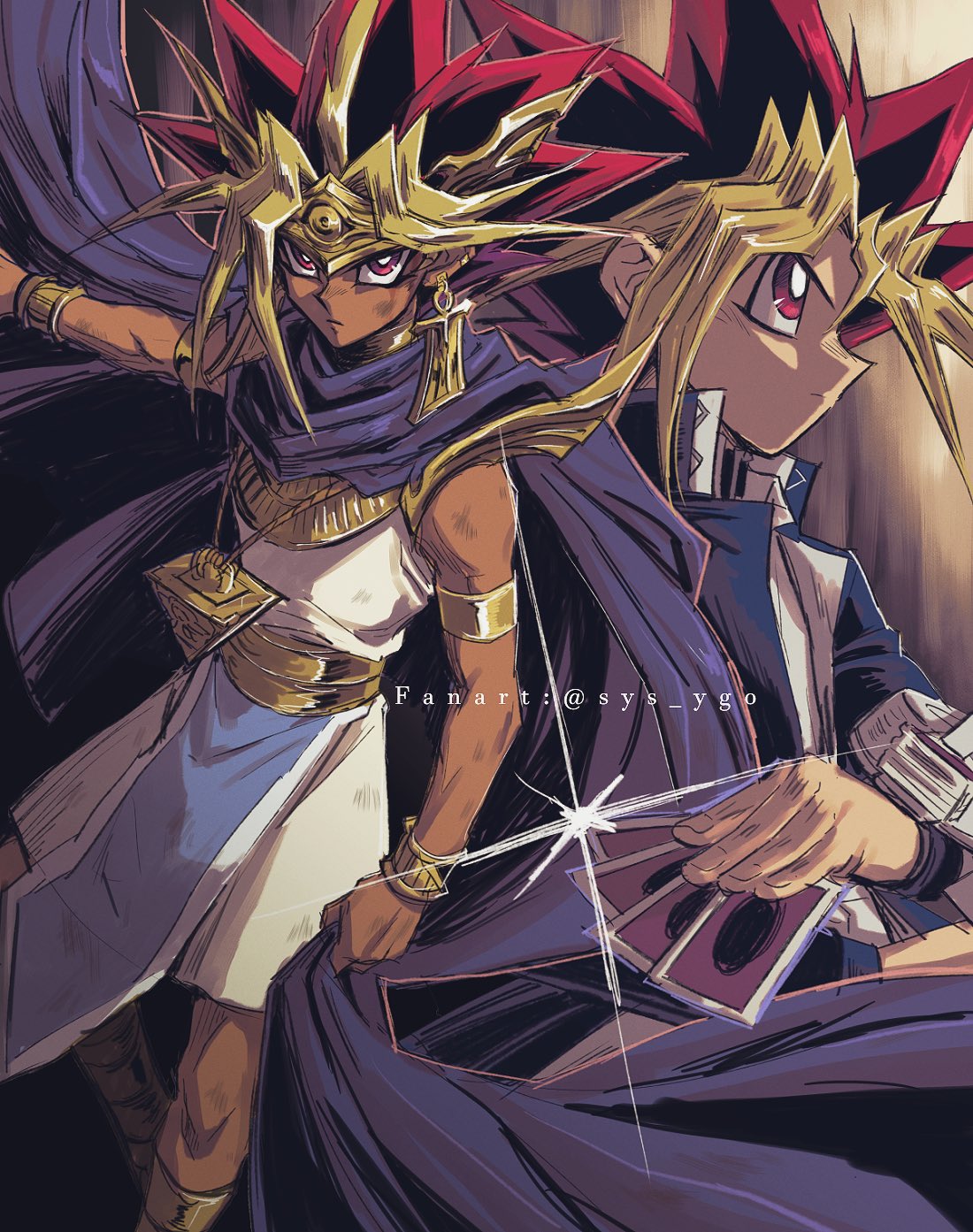 2boys atem bangs black_hair blonde_hair blue_jacket bracelet bright_pupils card clenched_hand cloak closed_mouth commentary_request dark-skinned_male dark_skin dirty duel_disk ear_clip earrings egyptian highres holding holding_card jacket jewelry knees male_focus millennium_puzzle multiple_boys mutou_yuugi necklace outstretched_arm purple_hair school_uniform soya_(sys_ygo) spiky_hair twitter_username violet_eyes white_pupils yu-gi-oh! yu-gi-oh!_duel_monsters