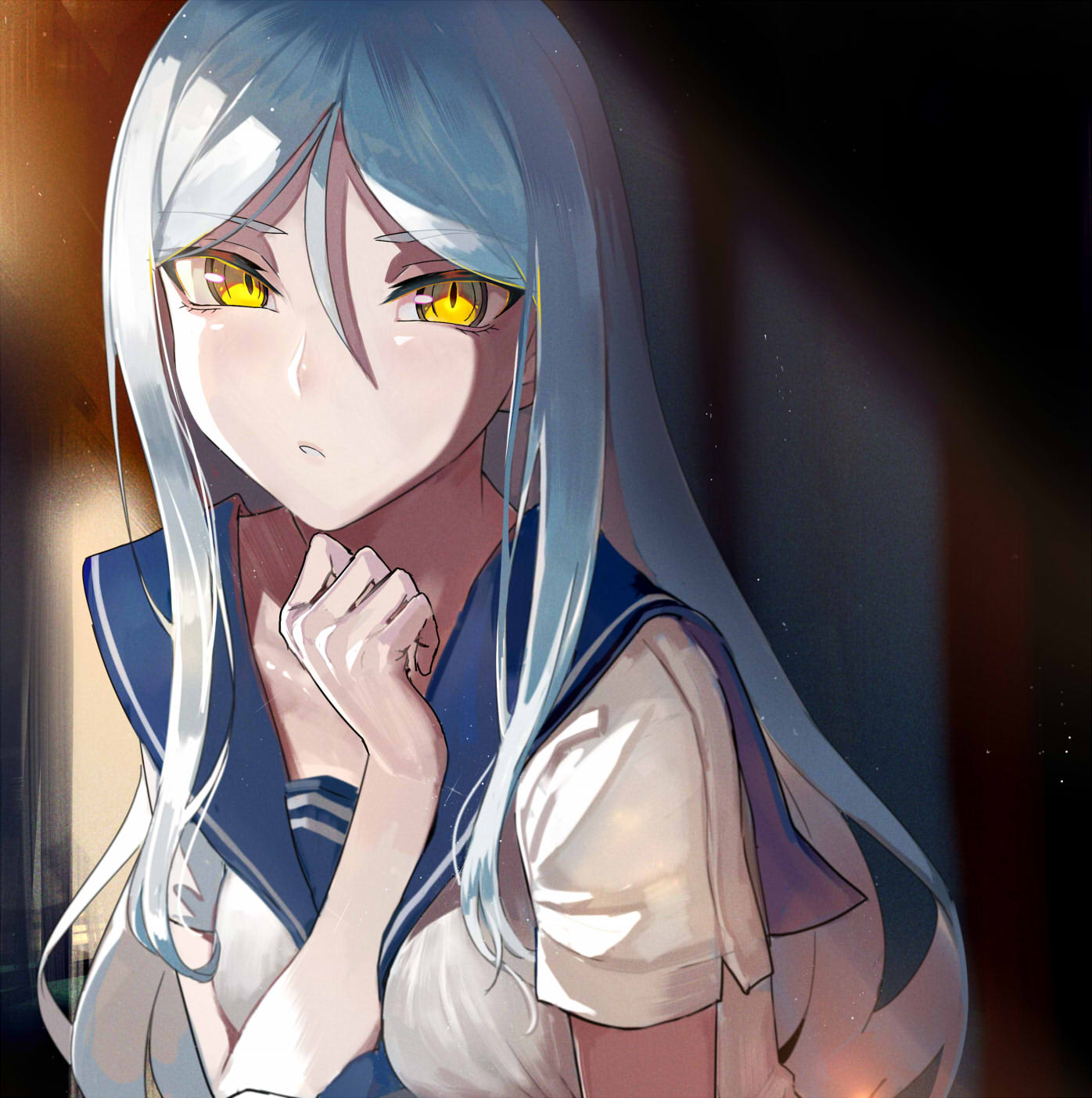 1girl abyssal_ship commentary_request eyebrows_visible_through_hair grey_hair hair_between_eyes hand_up highres kantai_collection long_hair looking_at_viewer open_mouth sailor_collar sailor_shirt shiny shiny_skin shirt short_sleeves slit_pupils solo ta-class_battleship upper_body walzrj yellow_eyes