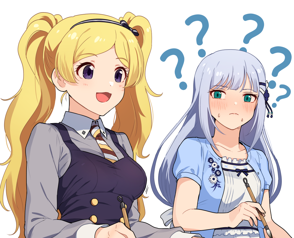 2girls :d ? alternate_breast_size bangs blonde_hair blue_eyes blue_jacket blush breasts calligraphy_brush emily_stewart grey_shirt hair_ornament hairclip holding holding_brush idolmaster idolmaster_million_live! idolmaster_million_live!_theater_days jacket kamille_(vcx68) large_breasts light_blue_hair long_hair long_sleeves medium_breasts multiple_girls necktie open_mouth paintbrush shiraishi_tsumugi shirt short_sleeves simple_background smile sweat twintails upper_body very_long_hair violet_eyes white_background