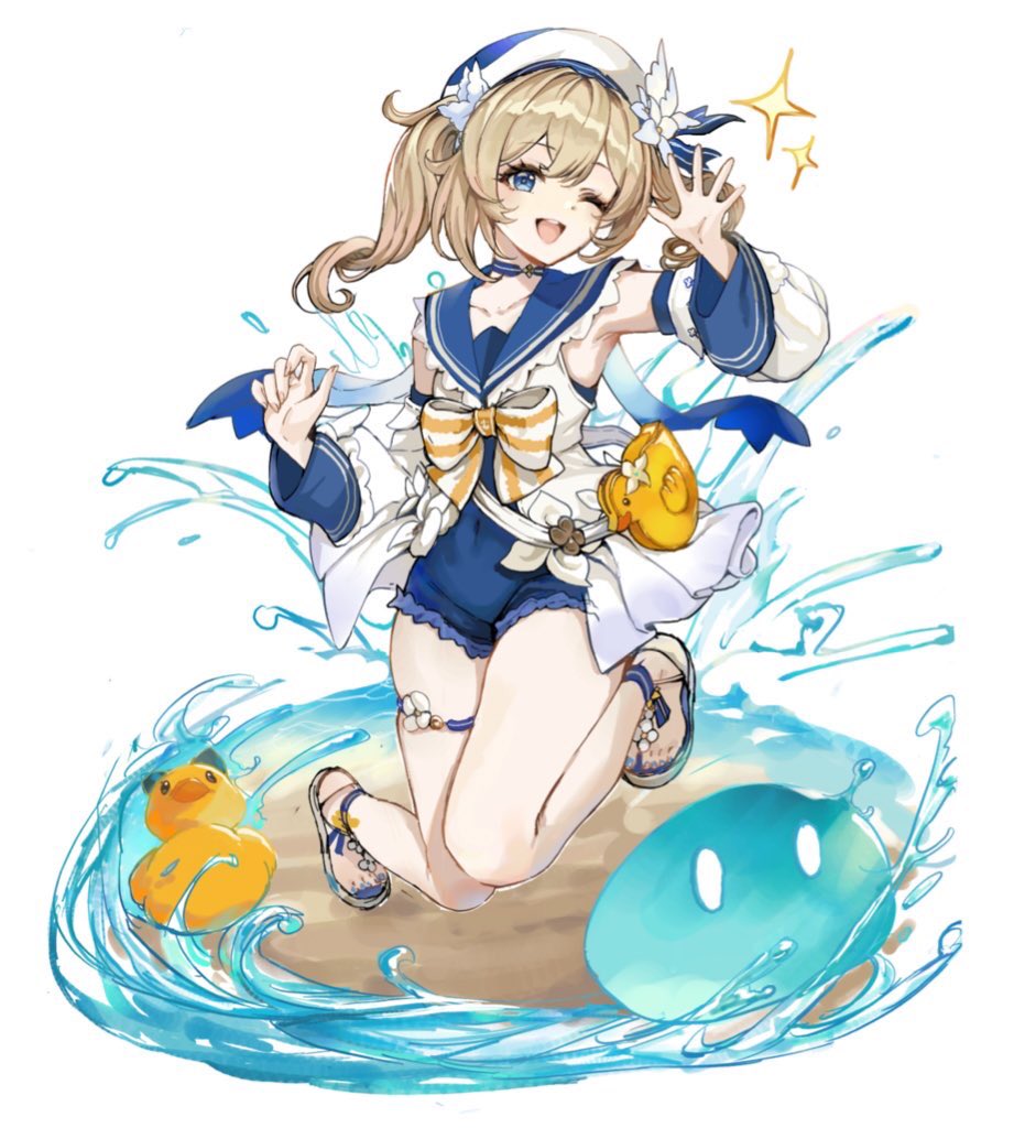 1girl ;d barbara_(genshin_impact) barbara_(summertime_sparkle)_(genshin_impact) bare_shoulders bird blonde_hair blue_eyes bow bowtie detached_sleeves drill_hair duck feet flower full_body genshin_impact hair_flower hair_ornament hat idol long_sleeves one-piece_swimsuit one_eye_closed open_mouth sailor_collar sailor_hat sandals shizakiya simple_background slime_(genshin_impact) smile solo swimsuit twin_drills twintails water white_background