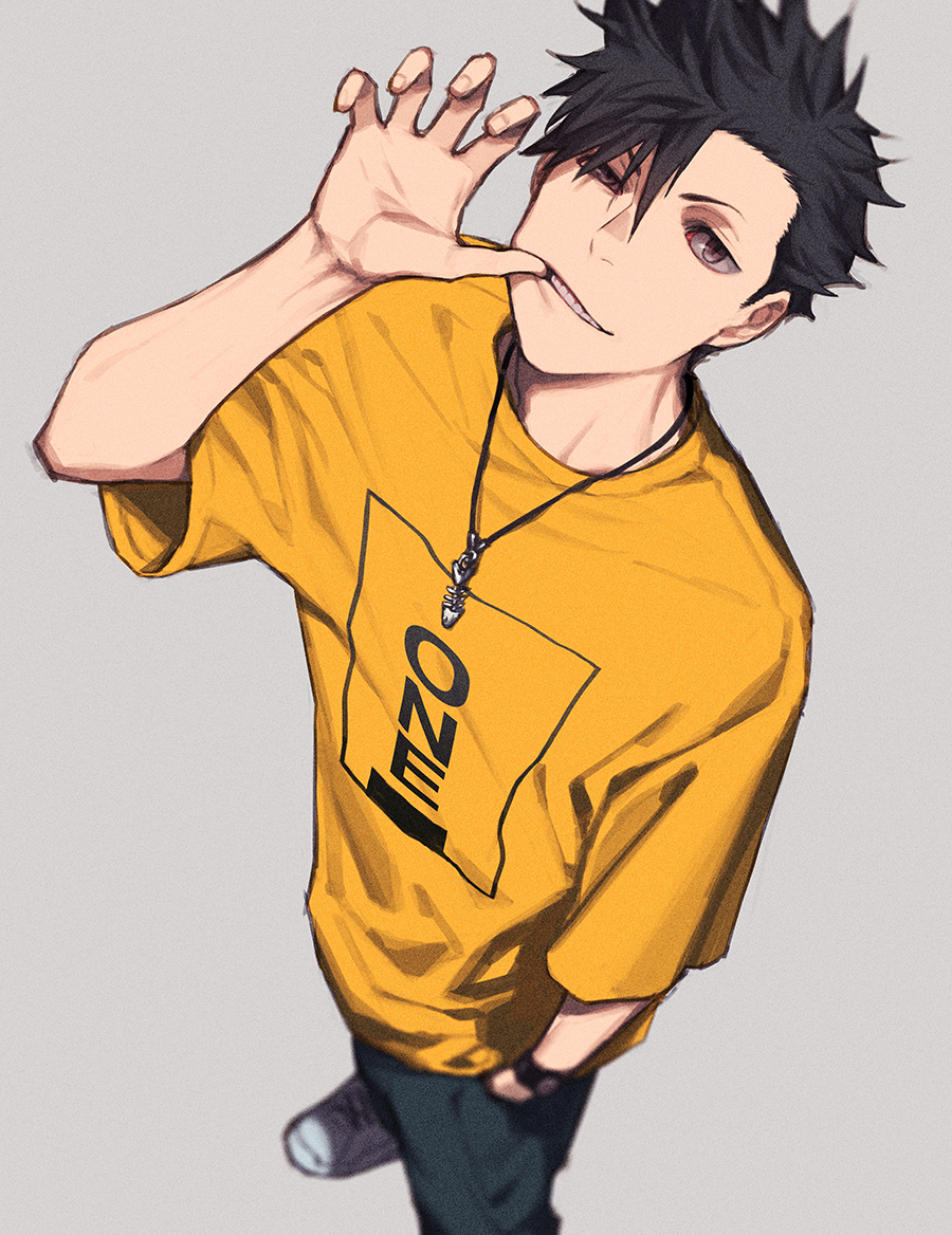 1boy asymmetrical_bangs bangs black_eyes black_hair black_pants foot_out_of_frame grey_background haikyuu!! hair_between_eyes hand_in_pocket hand_up jewelry kuroo_tetsurou looking_at_viewer male_focus necklace pants parted_lips shirt short_hair short_sleeves simple_background solo standing teeth vgmt watch watch yellow_shirt
