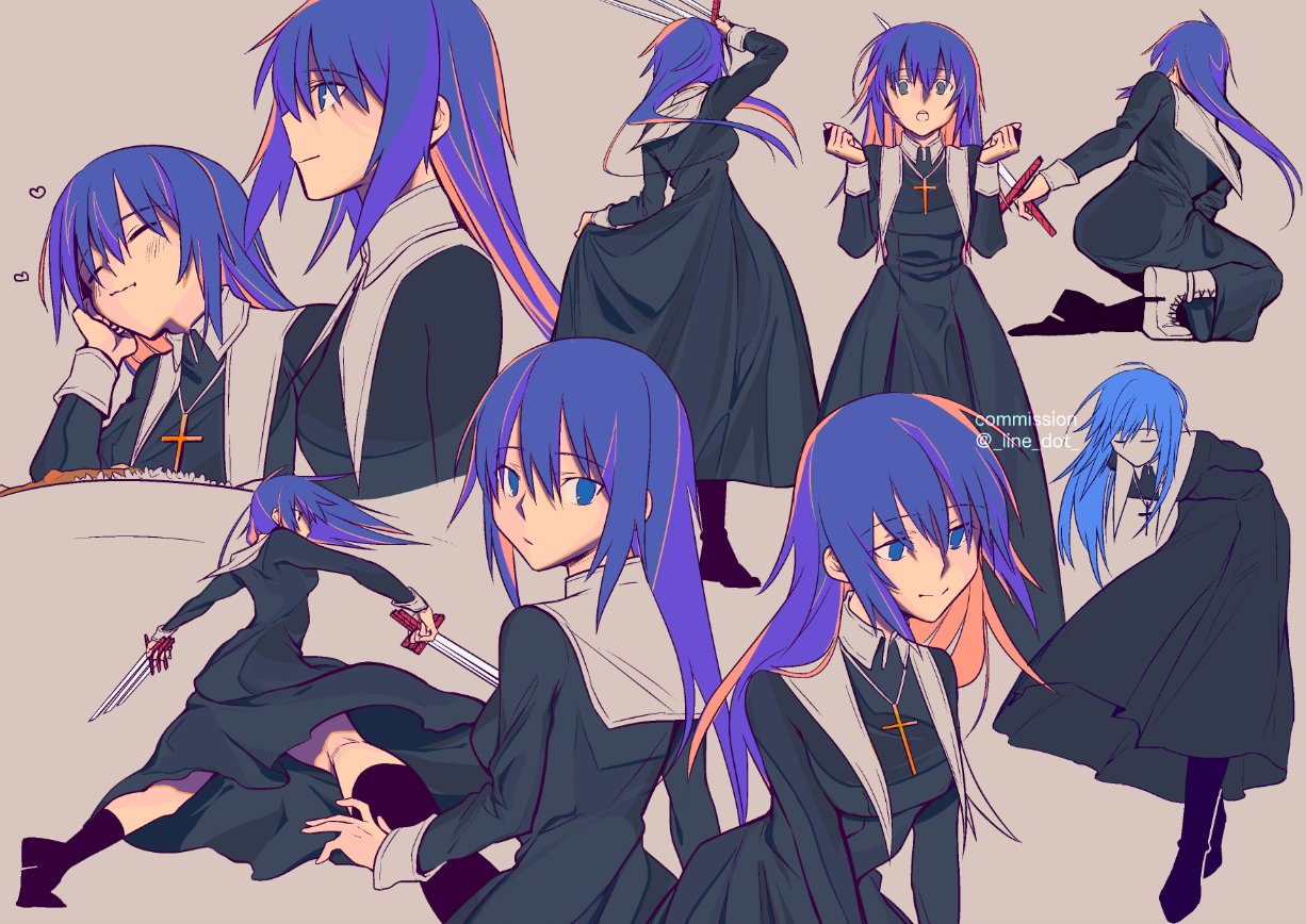 1girl :o ^_^ alternate_hair_length alternate_hairstyle between_fingers black_keys_(type-moon) blue_eyes blue_hair blush breasts ciel_(tsukihime) closed_eyes collage commission cross cross_necklace crucifix curry dress dual_wielding eating expressions food happy holding holding_weapon jewelry line_dot long_hair long_sleeves melty_blood multiple_views necklace nun smile sword tsukihime twitter_username weapon