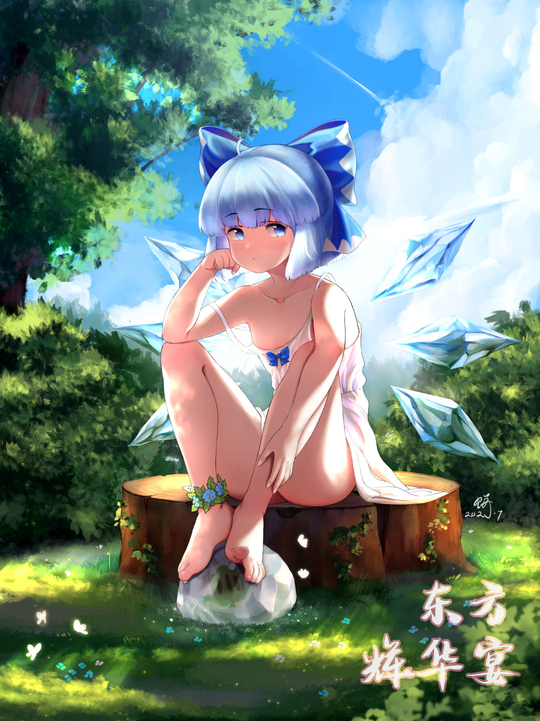 1girl bangs bare_arms bare_legs bare_shoulders barefoot bing_(01969) blue_bow blue_eyes blue_flower blue_hair blue_sky blush bow bug butterfly camisole chinese_commentary chinese_text cirno clouds commentary_request dated day eyebrows_visible_through_hair flower full_body grass hair_bow hand_on_own_cheek hand_on_own_face hand_on_own_leg hand_up head_rest highres ice ice_wings insect outdoors short_hair sideways_glance signature sitting sky solo strap_slip touhou translation_request tree wings