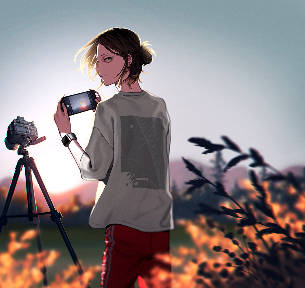 1boy black_eyes black_hair blonde_hair blurry blurry_background blurry_foreground camera cellphone closed_mouth cowboy_shot haikyuu!! hair_bun holding holding_phone kozume_kenma looking_at_viewer looking_back male_focus multicolored_hair outdoors phone plant profile shirt short_hair short_sleeves solo standing tripod twilight two-tone_hair vgmt watch watch white_shirt