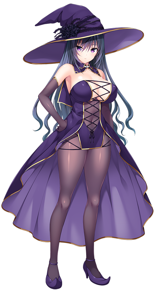 1girl asami_asami bangs black_hair breasts covered_navel dress elbow_gloves full_body gloves hand_on_hip hat high_heels huge_breasts long_hair official_art okayu_seira photoshop_(medium) pointy_footwear role_player:_okayu_shimai_no_nenmaku_potrait_-_gurigucha_live! solo standing strappy_heels tachi-e violet_eyes witch_hat