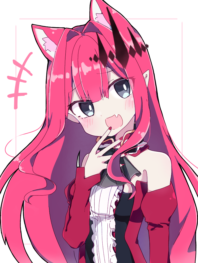 1girl animal_ear_fluff animal_ears bangs bare_shoulders black_eyes border cat_ears detached_sleeves fang fate/grand_order fate_(series) hair_intakes long_hair looking_at_viewer nail_polish open_mouth pink_border pointy_ears rabiiandrain red_nails redhead simple_background skin_fang solo tristan_(fairy_knight)_(fate) white_background