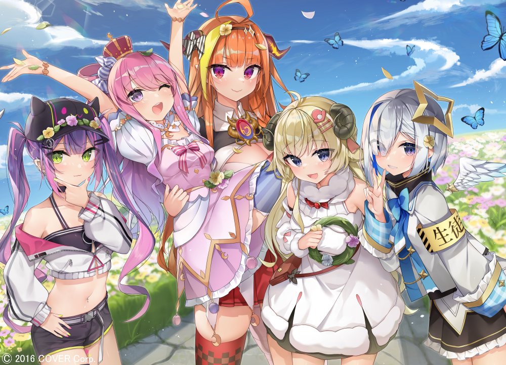 5girls ahoge amane_kanata angel angel_wings animal_ears bangs blonde_hair blue_hair blush bug butterfly candy_hair_ornament carrying colored_inner_hair crown dragon_girl dragon_horns feathered_wings food-themed_hair_ornament green_eyes hair_ornament hairclip halo hat heterochromia himemori_luna hololive horns insect kiryu_coco long_hair looking_at_viewer multicolored_hair multiple_girls official_art open_mouth orange_hair piercing pink_hair pointy_ears princess_carry purple_hair sheep_girl sheep_horns short_hair silver_hair smile streaked_hair tokoyami_towa tsunomaki_watame twintails violet_eyes virtual_youtuber wings yayoichi_(yoruyoru108)