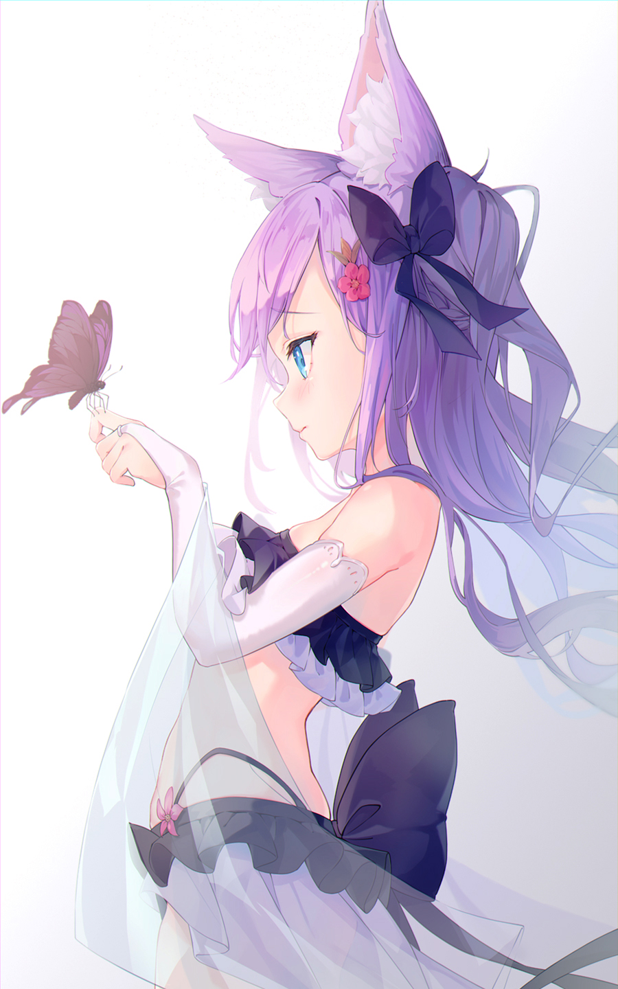 1girl animal_ear_fluff animal_ears bandeau bare_shoulders blue_eyes bow bridal_gauntlets bug butterfly cowboy_shot flat_chest frills from_side hair_bow highleg highres insect long_hair midriff mishuo_(misuo69421) original purple_hair revealing_clothes shawl skirt solo white_skirt