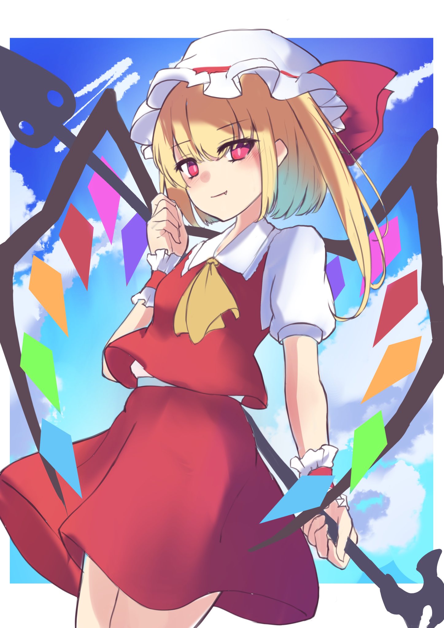 1girl ascot bangs blonde_hair blush border bow breasts bright_pupils closed_mouth clouds cloudy_sky commentary_request condensation_trail cowboy_shot crystal day eyebrows_visible_through_hair fang fang_out flandre_scarlet from_below gradient hat hat_bow highres holding holding_weapon laevatein light_smile looking_at_viewer mob_cap one_side_up outdoors outside_border puffy_short_sleeves puffy_sleeves red_bow red_skirt red_vest rurimaringo short_hair short_sleeves skirt sky small_breasts solo touhou vest weapon white_border white_headwear wings wrist_cuffs yellow_neckwear