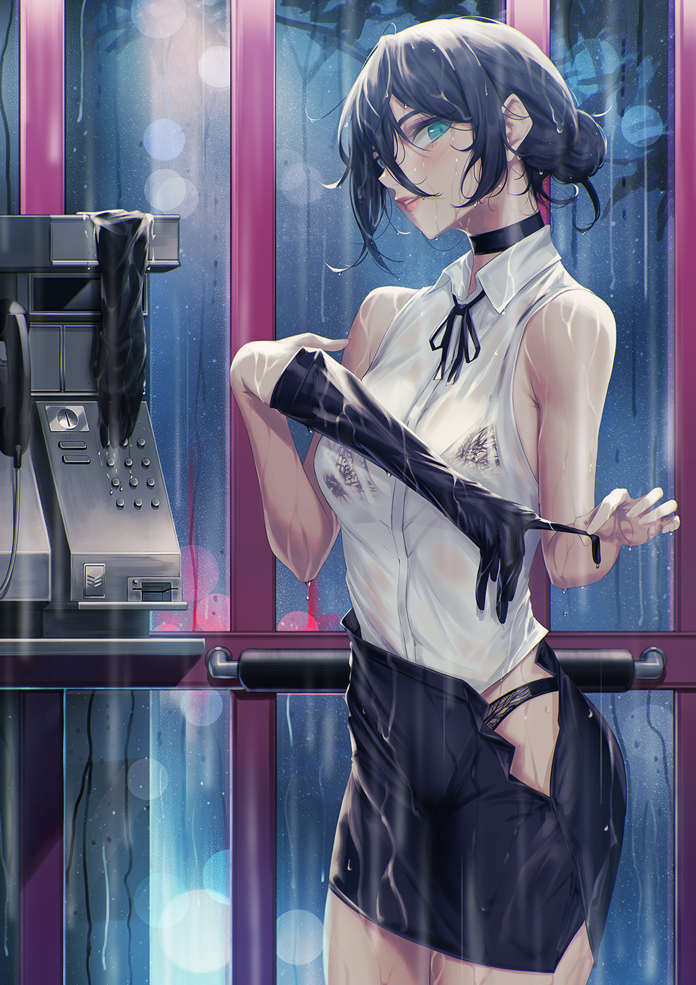 1girl bangs bare_shoulders black_choker black_ribbon blue_hair blueorca bra bra_through_clothes chainsaw_man choker collared_shirt glove_pull gloves gloves_removed green_eyes hair_between_eyes hair_bun highres looking_at_viewer neck_ribbon night open_clothes open_skirt panties payphone phone phone_booth rain removing_glove reze_(chainsaw_man) ribbon see-through see-through_shirt see-through_skirt shirt skirt sleeveless sleeveless_shirt solo underwear wet wet_clothes wet_hair wet_panties wet_shirt wet_skirt