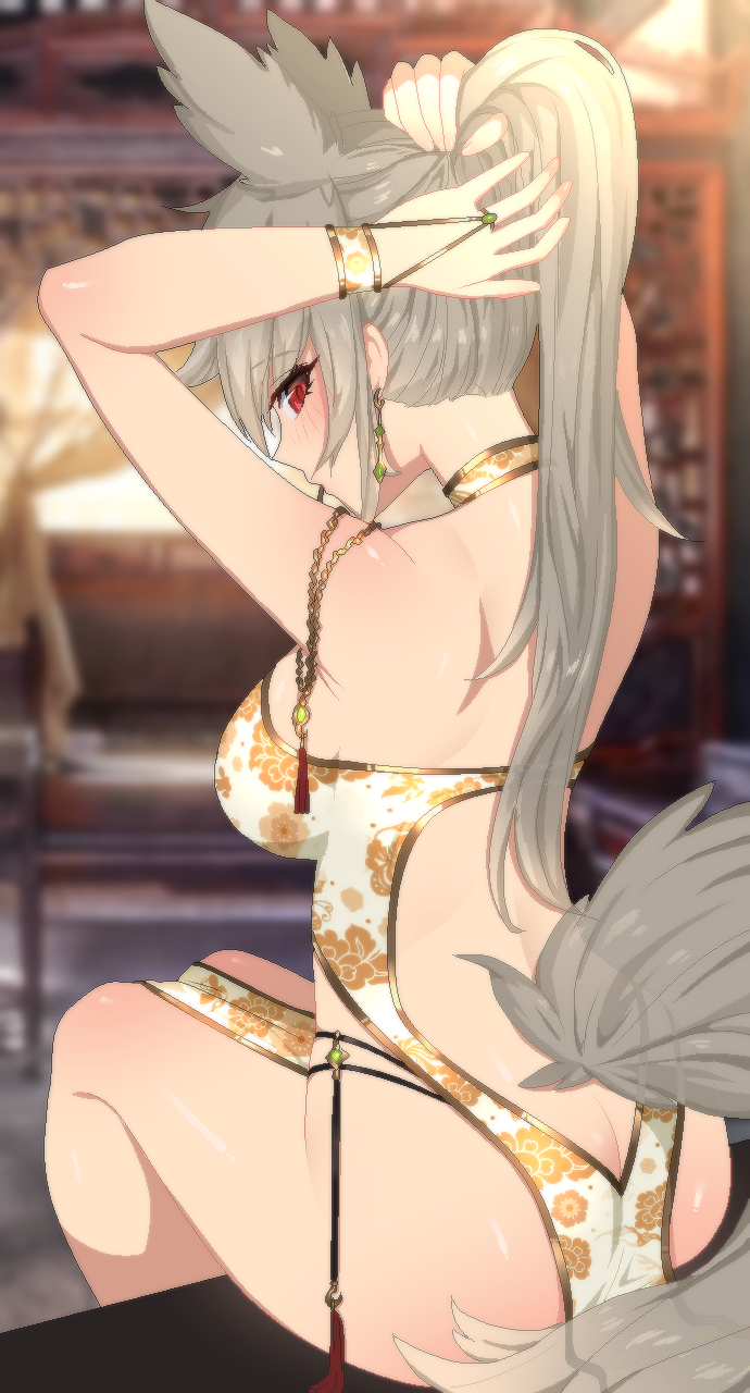 1girl animal_ears arms_up ass blurry blurry_background blush body_blush bracelet breasts bridal_gauntlets butt_crack china_dress chinese_clothes commission depth_of_field dress earrings evgilla eyebrows_visible_through_hair floral_print from_behind grey_hair highres jewelry large_breasts legs_together looking_back original pelvic_curtain ponytail profile red_eyes revealing_clothes second-party_source sitting solo tail tassel tying_hair white_dress