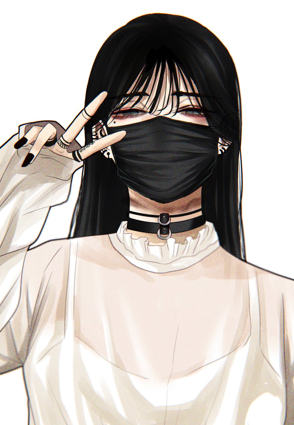 1girl bangs black_choker black_hair black_nails bruise choker commentary_request ear_piercing earrings fingernails green_eyes hand_up henna highres hoshi_san_3 injury jewelry long_hair long_sleeves looking_at_viewer mask mole mole_under_eye mouth_mask nail_polish original piercing see-through shirt simple_background sleeves_past_wrists solo surgical_mask upper_body v white_background