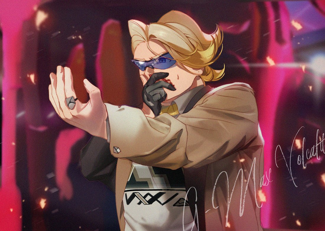 1boy black-framed_eyewear blonde_hair blood blood_on_face blue-tinted_eyewear blue_eyes blurry blurry_background brown_jacket buttons coalossal collared_shirt commentary_request gen_8_pokemon gigantamax gigantamax_coalossal gloves gordie_(pokemon) gym_leader hands_up jacket jewelry korean_commentary long_sleeves male_focus malshi_edroad necklace open_clothes open_jacket partially_fingerless_gloves pokemon pokemon_(creature) pokemon_(game) pokemon_swsh ring shirt short_hair single_glove sunglasses